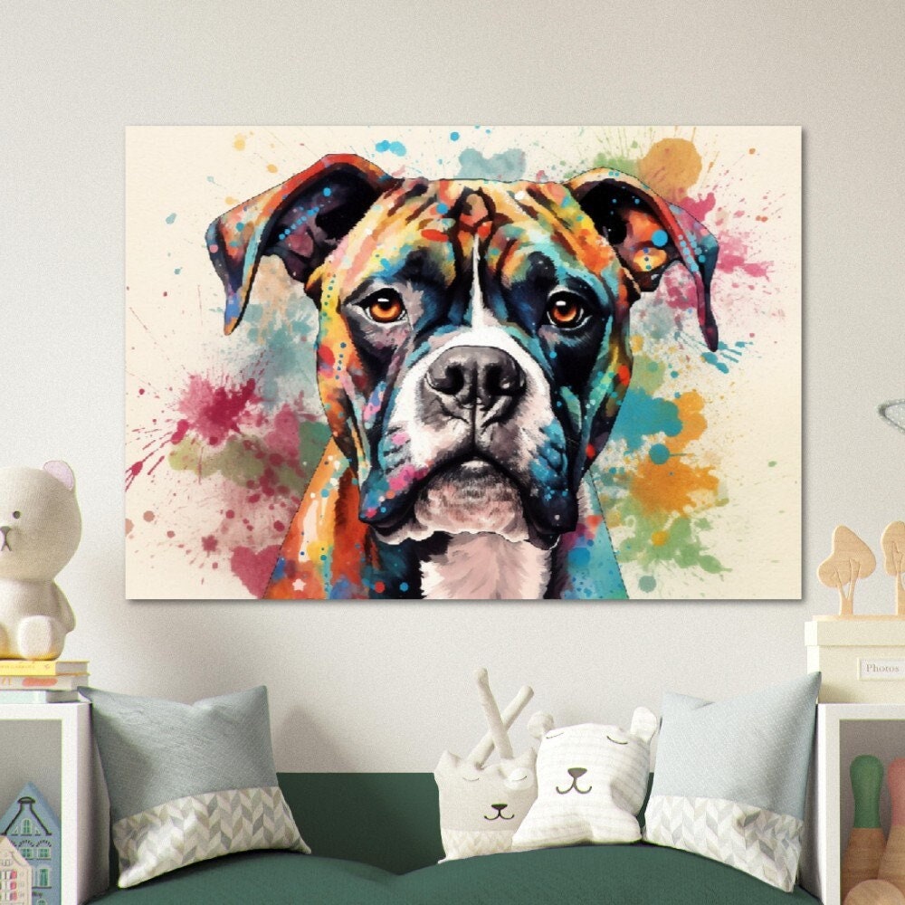 Watercolor Boxer Dog Poster Print. Abstract Colorful Wall Art Gift, Cute Dog Lovers Painting Present, colourful splatter paint watercolour - CanvasityCrafts - Free Shipping