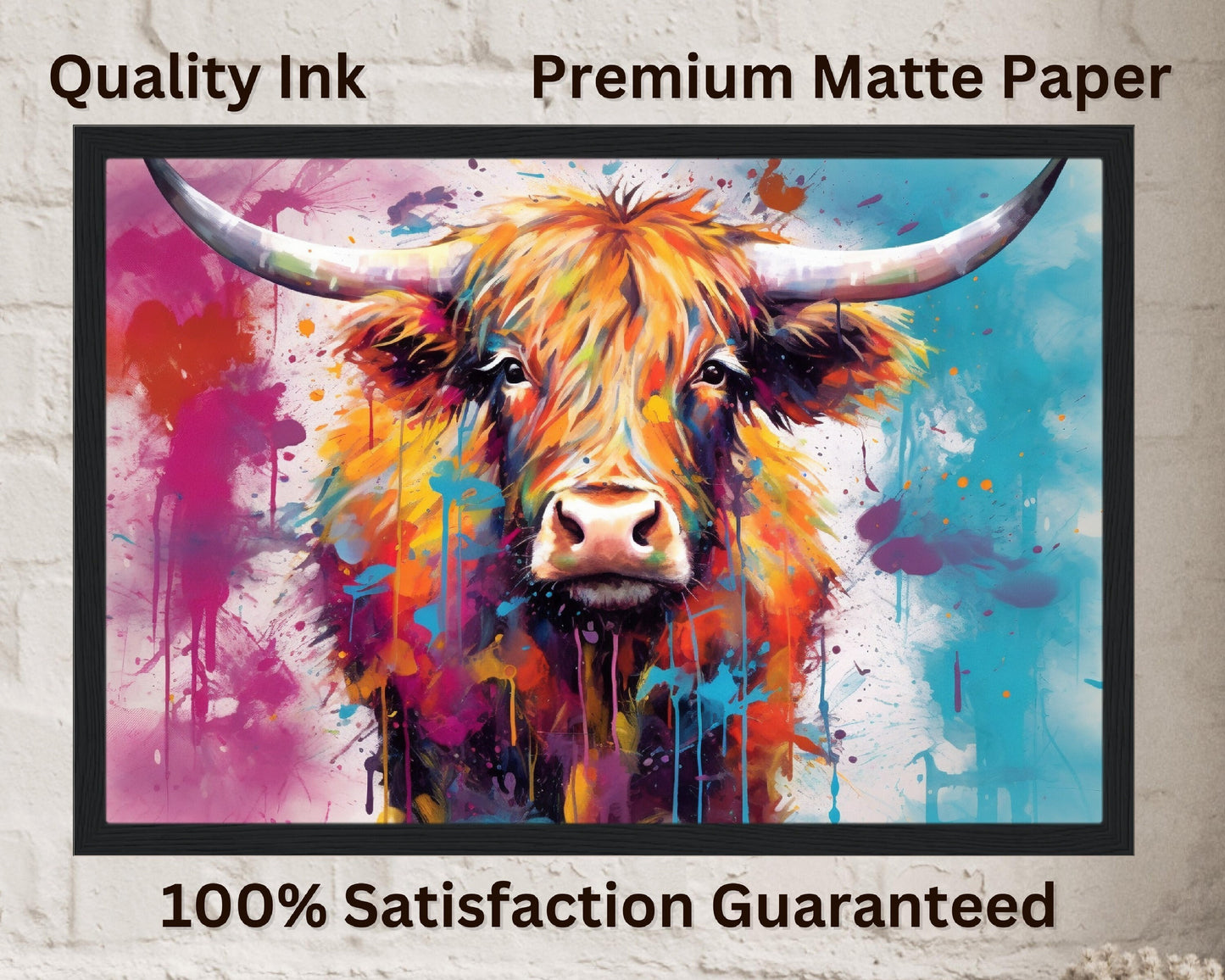 Shaggy Highland Cow Print in Bursting Pink & Blue - Unframed Matte Paper - CanvasityCrafts - Free Shipping