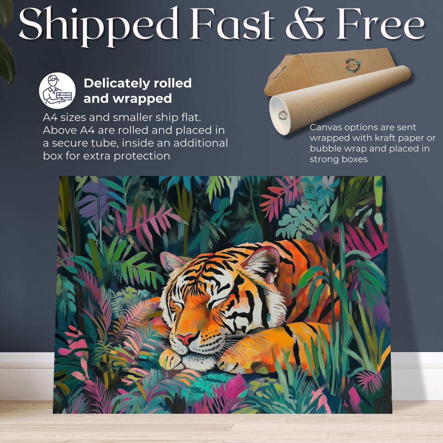 Sleeping Tiger Canvas Or Poster. Maximalist Painting Print Animal Wall Art, Large Kitchen Wall Picture, Asian Jungle Decor - CanvasityCrafts - Free Shipping