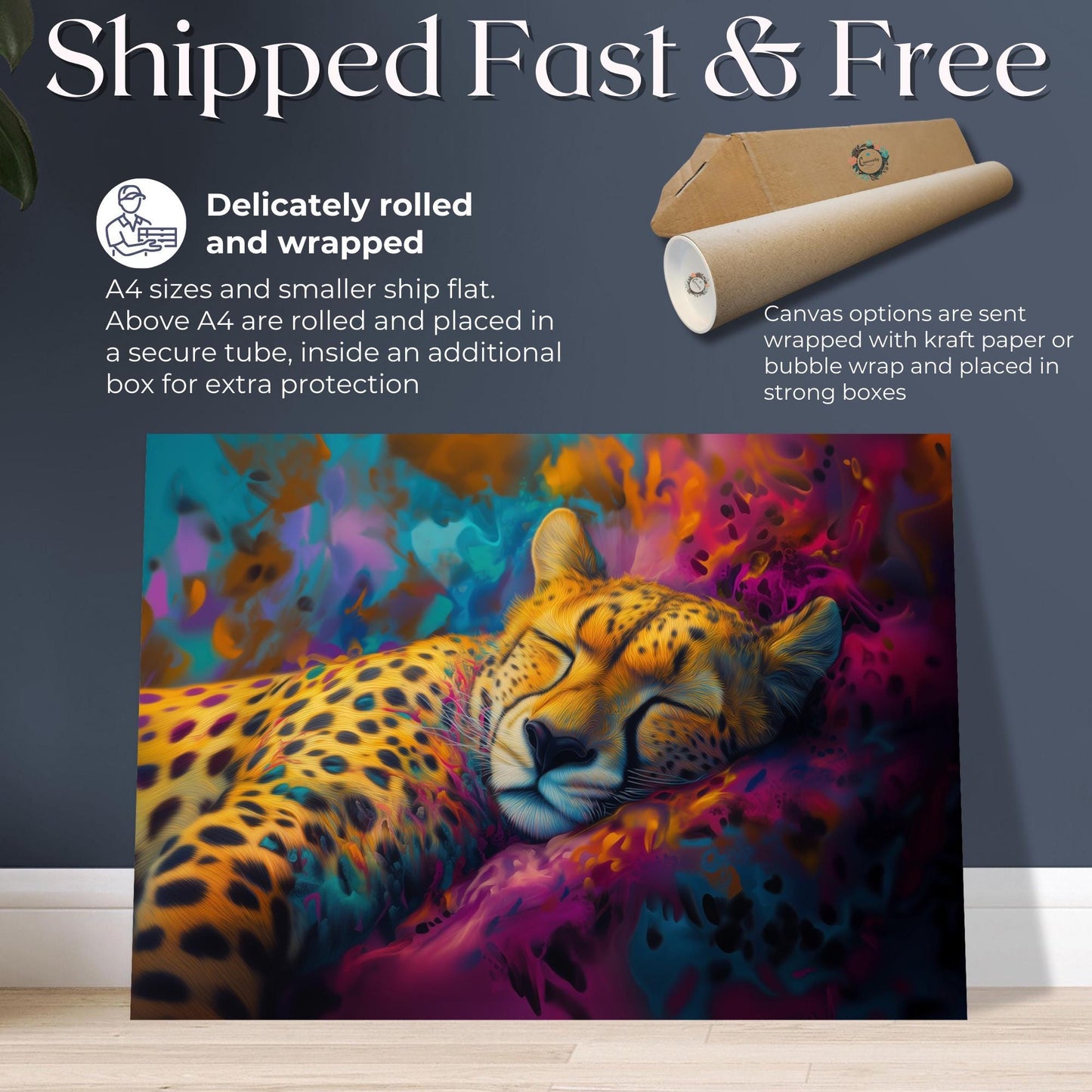 Dreaming Cheetah Canvas Or Poster. Maximalist Painting Print Animal Wall Art, Large Kitchen Wall Picture, Purple African Savannah Decor - CanvasityCrafts - Free Shipping