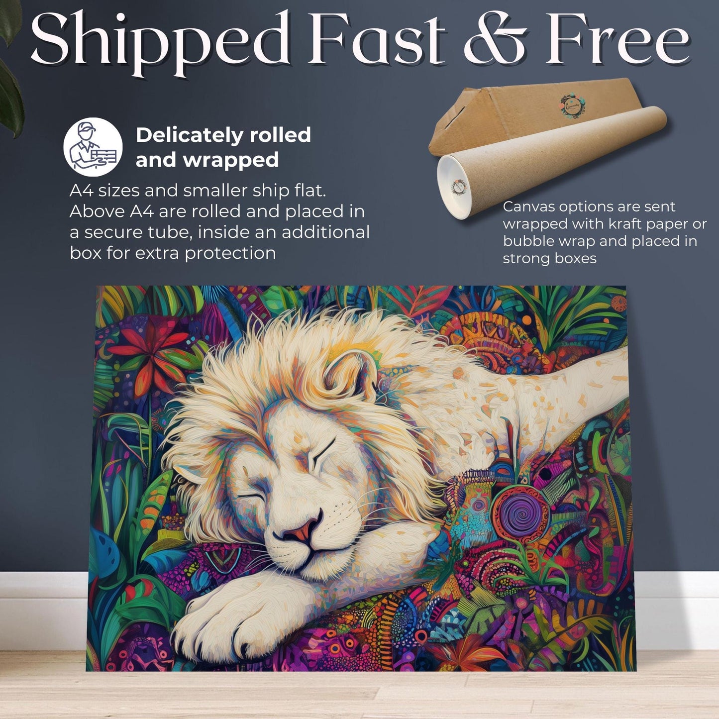 Psychedelic White Lion Canvas Or Poster. Maximalist Painting Print Animal Wall Art, Large Kitchen Wall Picture, Colorful African Decor - CanvasityCrafts - Free Shipping