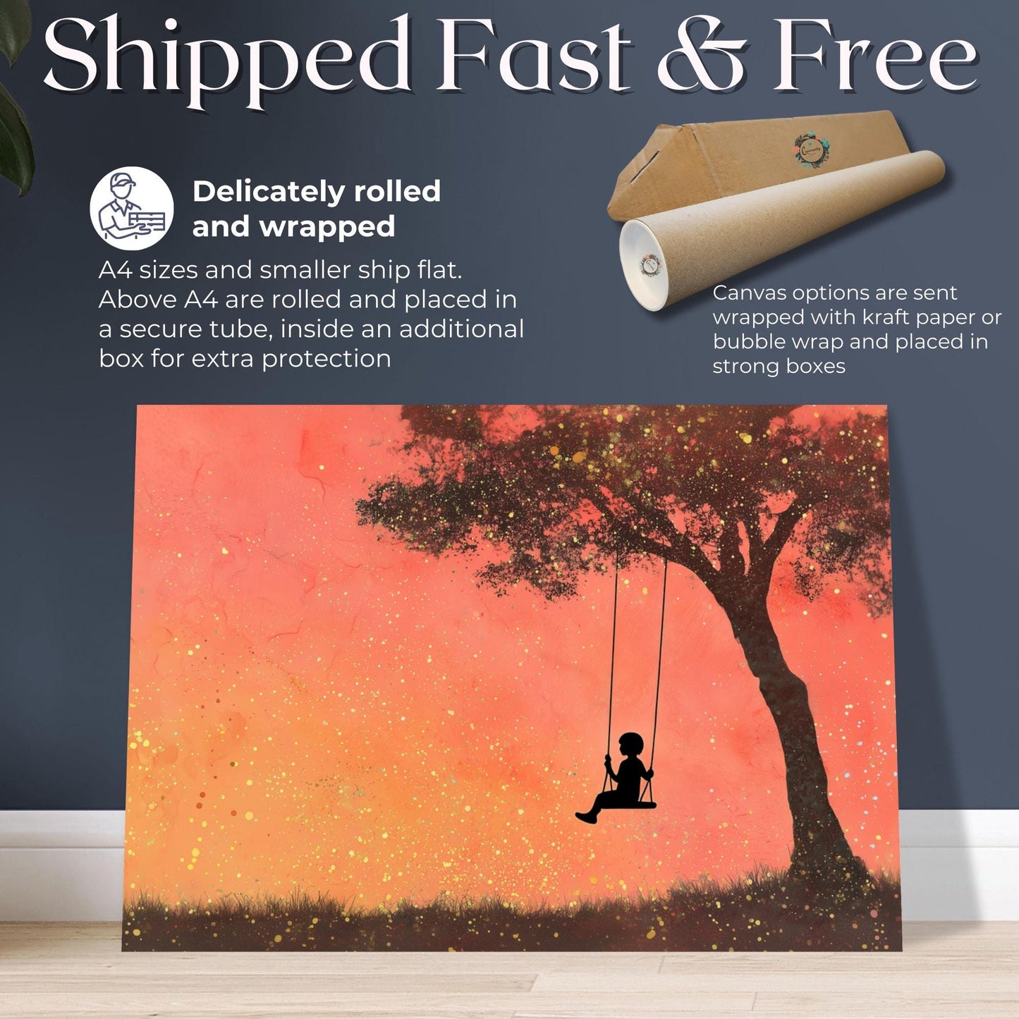 Child on Swing Canvas Or Unframed Print. Magical Childhood Memories Watercolor Painting Peach Gold Wall Art, Large Nursery Picture - CanvasityCrafts - Free Shipping