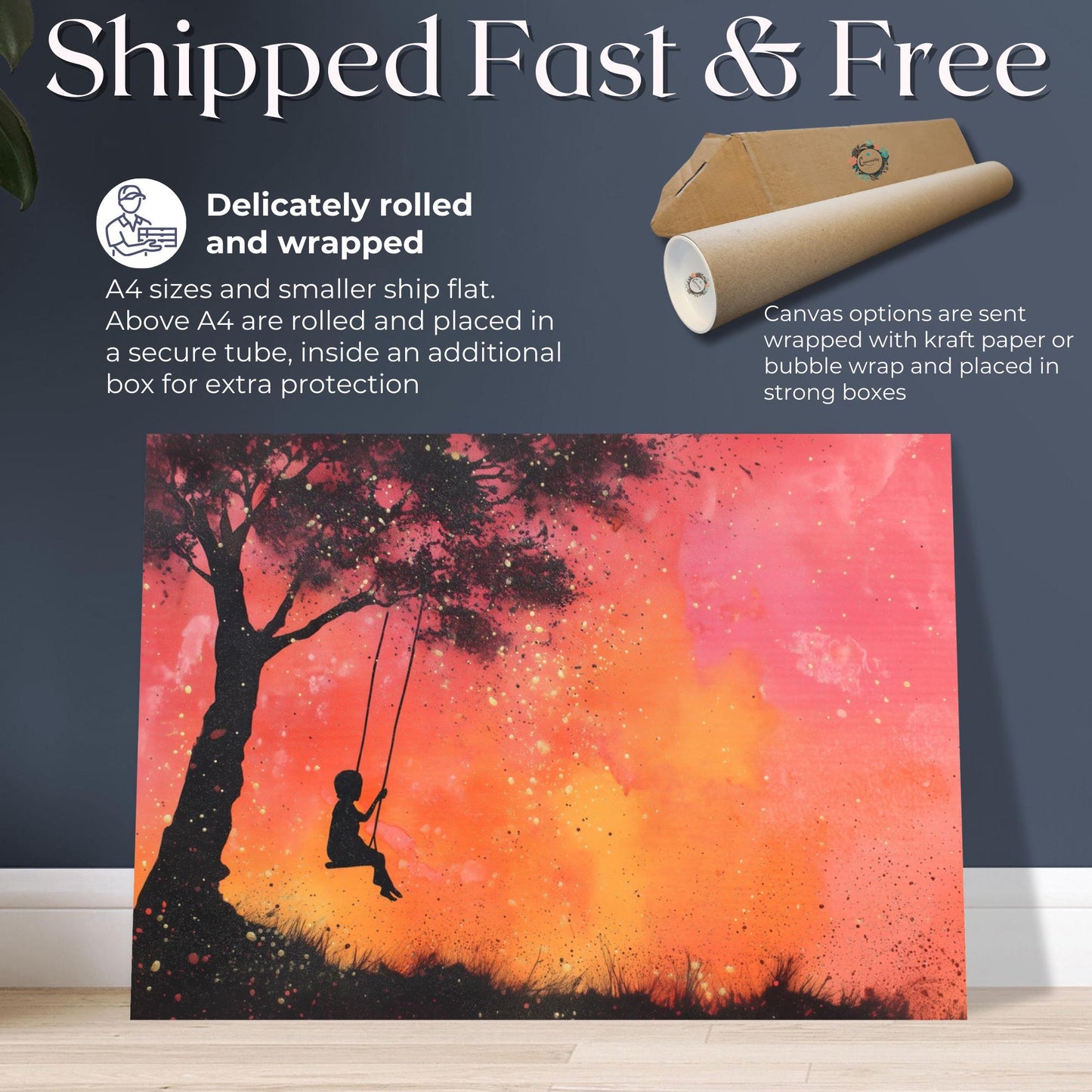 Child on Swing Canvas Or Unframed Print. Magical Childhood Memories Watercolor Painting Peach Gold Wall Art, Large Nursery Picture - CanvasityCrafts - Free Shipping