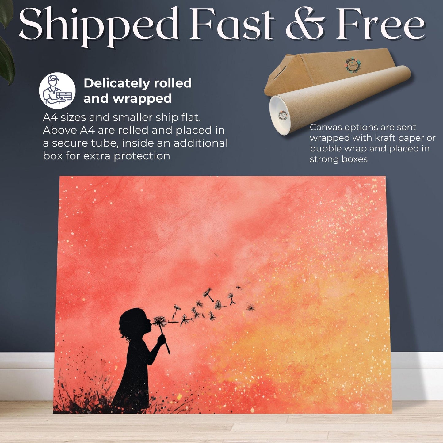 Girl Blowing Dandelion Seeds Canvas Or Unframed Print. Magical Childhood Memories Watercolor Painting Peach Gold Wall Art, Nursery Picture - CanvasityCrafts - Free Shipping