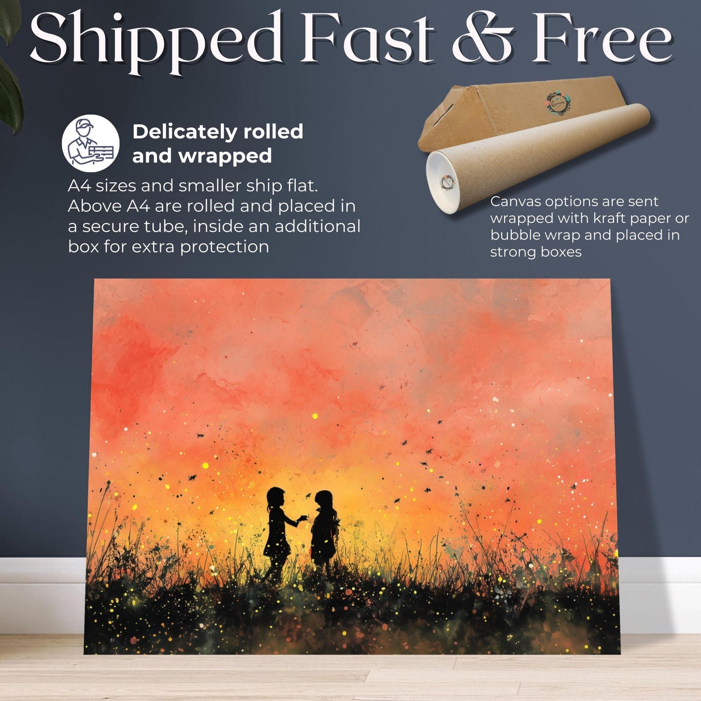 Bright Fireflies Canvas / Unframed Print. Magical Childhood Keepsake Memories Watercolor Painting Peach Gold Wall Art Catching Flies Picture - CanvasityCrafts - Free Shipping