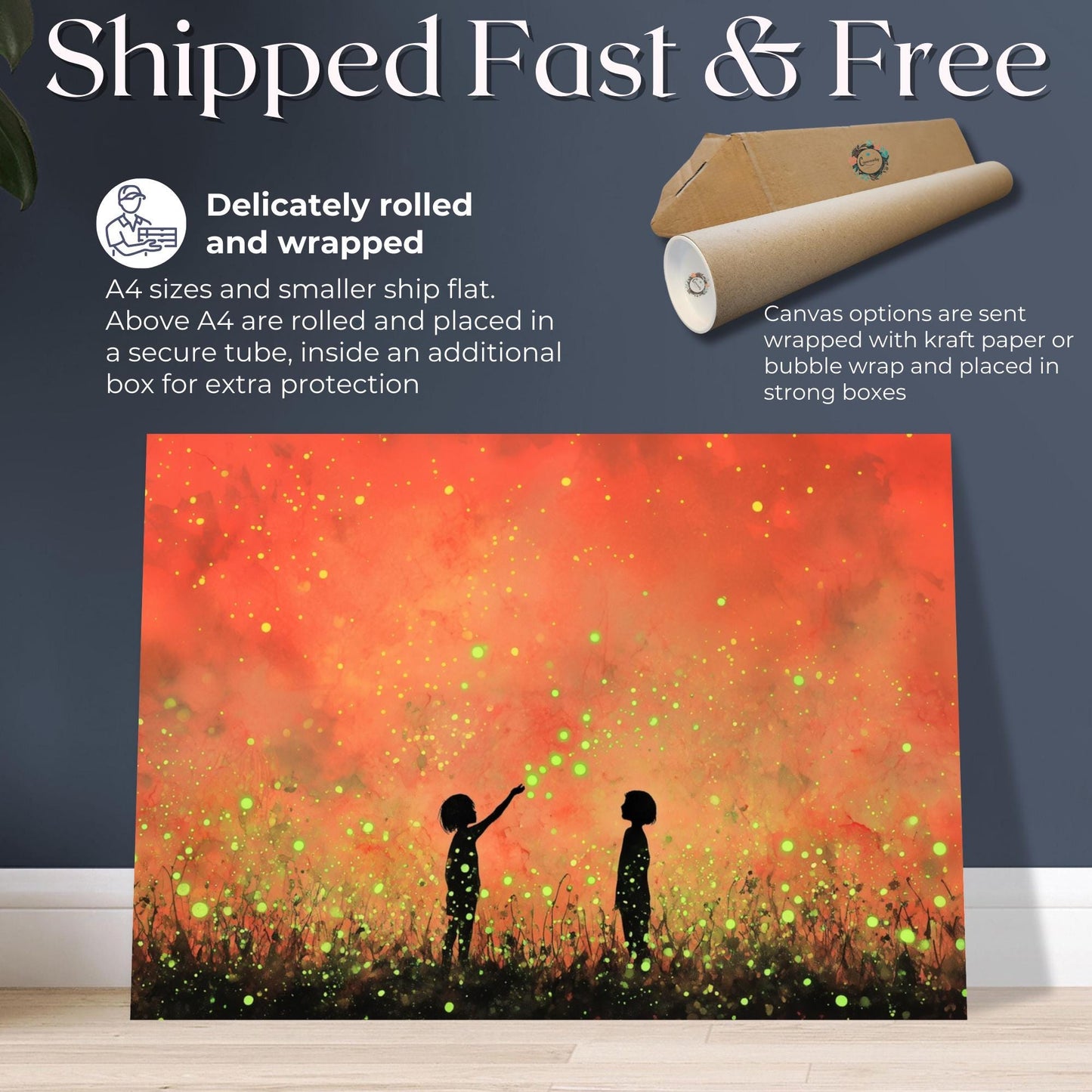Glowing Fireflies Canvas / Unframed Print. Magical Childhood Keepsake Memories Watercolor Painting Peach Gold Wall Art Fire Flies Picture - CanvasityCrafts - Free Shipping