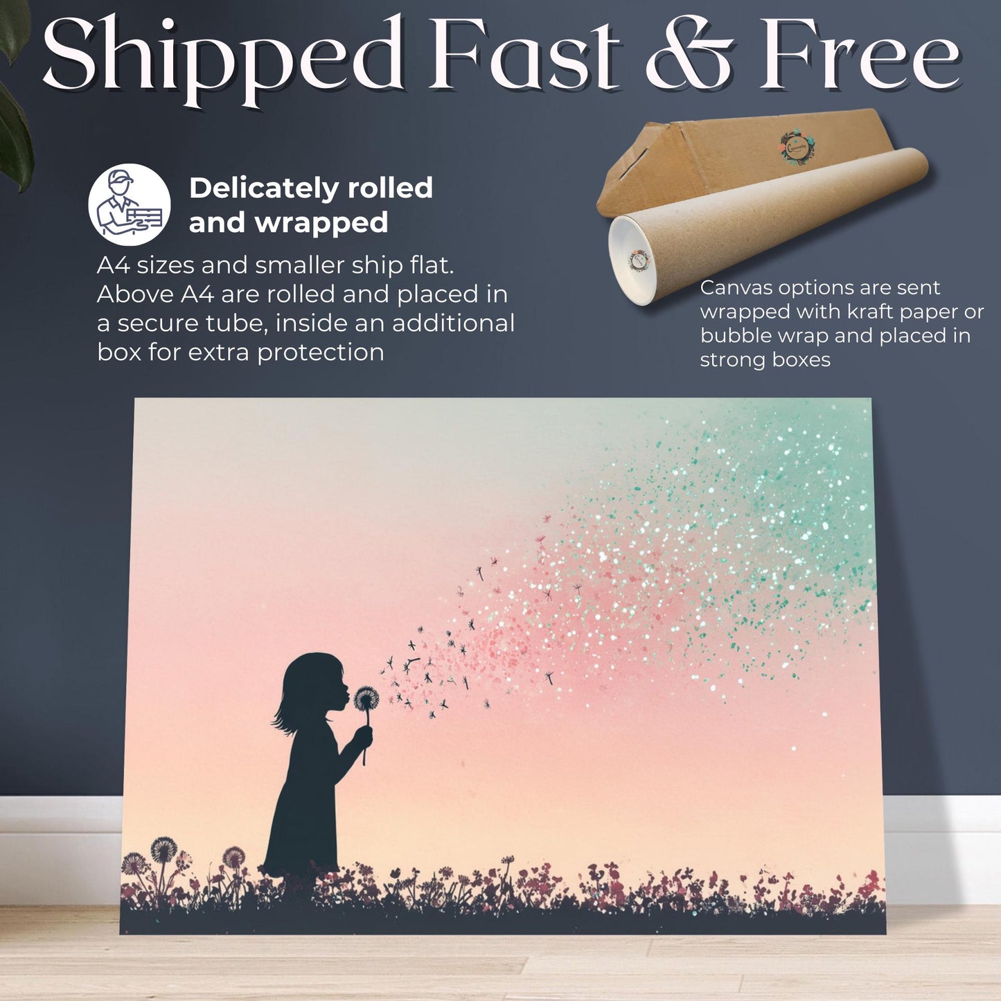 Blowing Dandelions Canvas / Unframed Print. Magical Childhood Keepsake Memories Watercolor Painting Coral Teal Wall Art Silhouette Picture - CanvasityCrafts - Free Shipping