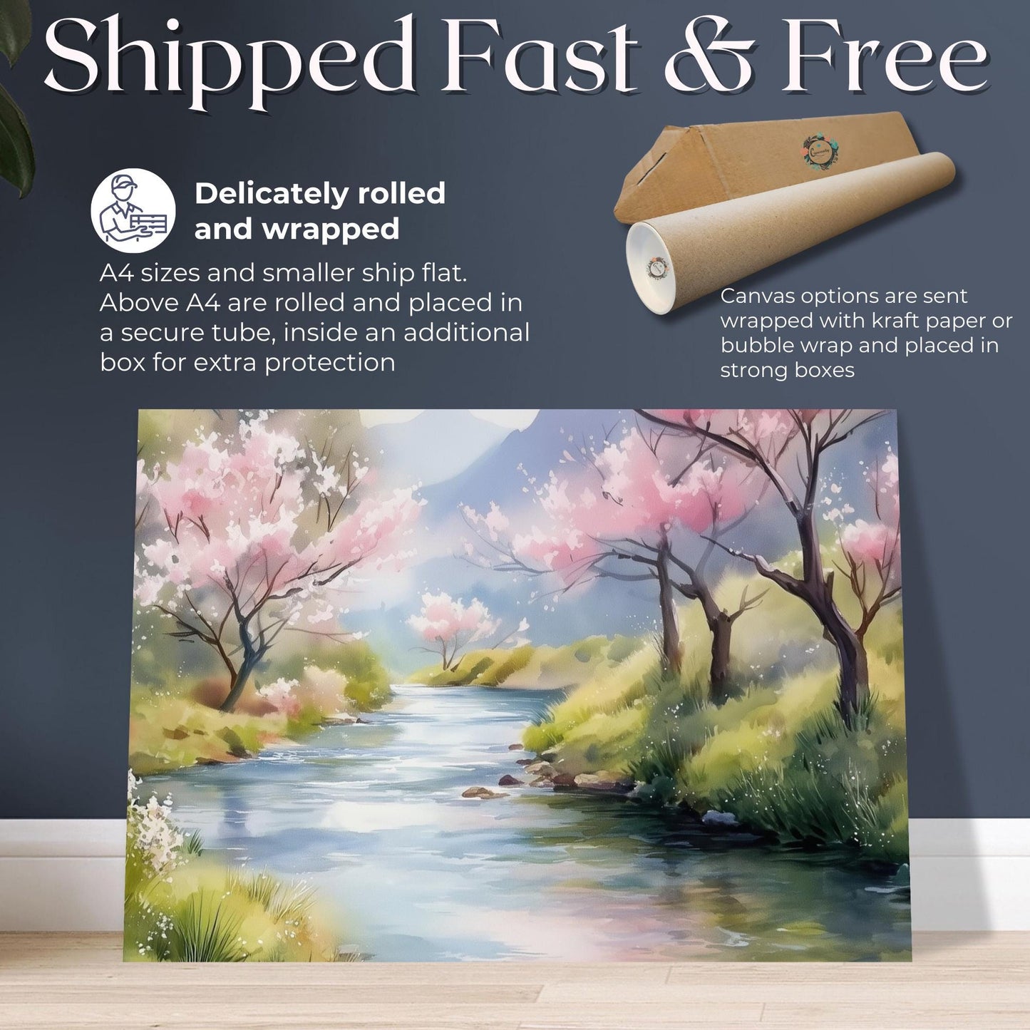 Cherry Blossom Art Canvas / Unframed. Watercolor Japanese Sakura Tree Painting Print Wall Poster River Home - CanvasityCrafts - Free Shipping