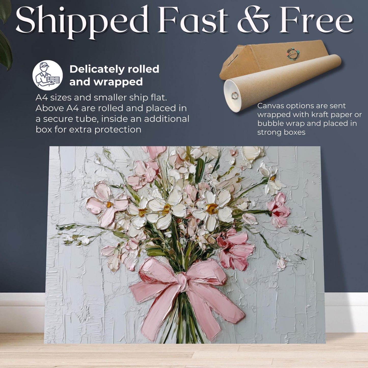 Coquette Flowers Canvas / Unframed Print. Impasto Wildflowers Pink Bow Wall Art Daisy Bouquet Painting Poster Picture Gift - CanvasityCrafts - Free Shipping