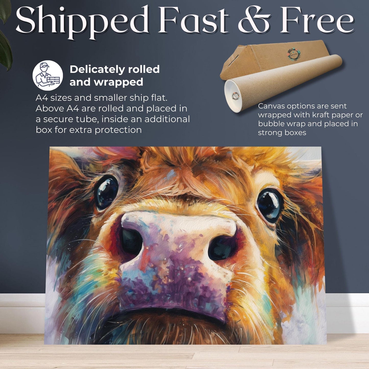 Highland Cow Print Canvas / Unframed. Colourful Farm Animal Wall Art, Rustic Home Decor, Multicolor Coo Gift Painting Poster Picture Farmer - CanvasityCrafts - Free Shipping