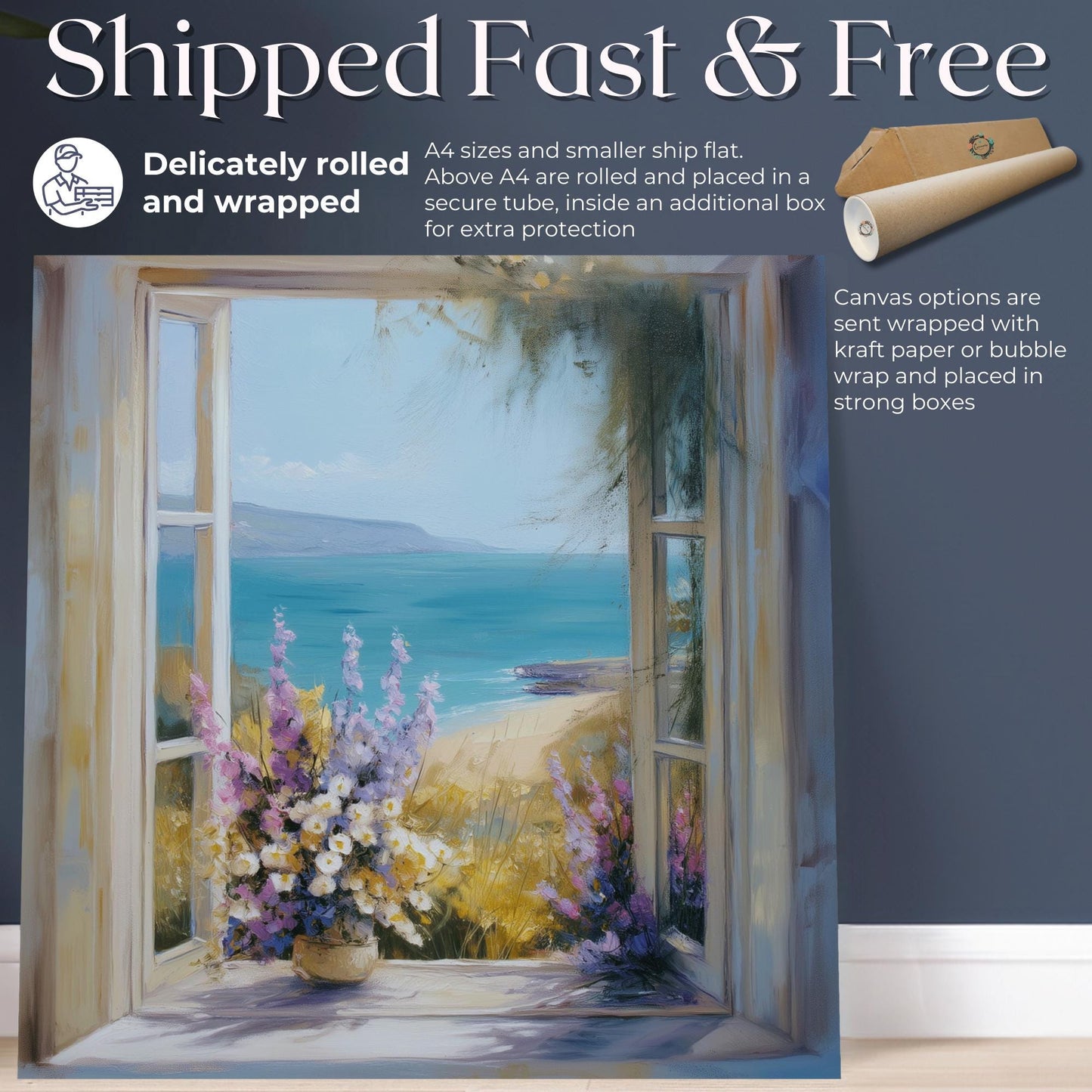 Wildflowers & Open Window Canvas / Unframed Print. Ocean View Coastal Art Beach Sea Living Room Kitchen Painting Picture Poster Wall Decor, - CanvasityCrafts - Free Shipping