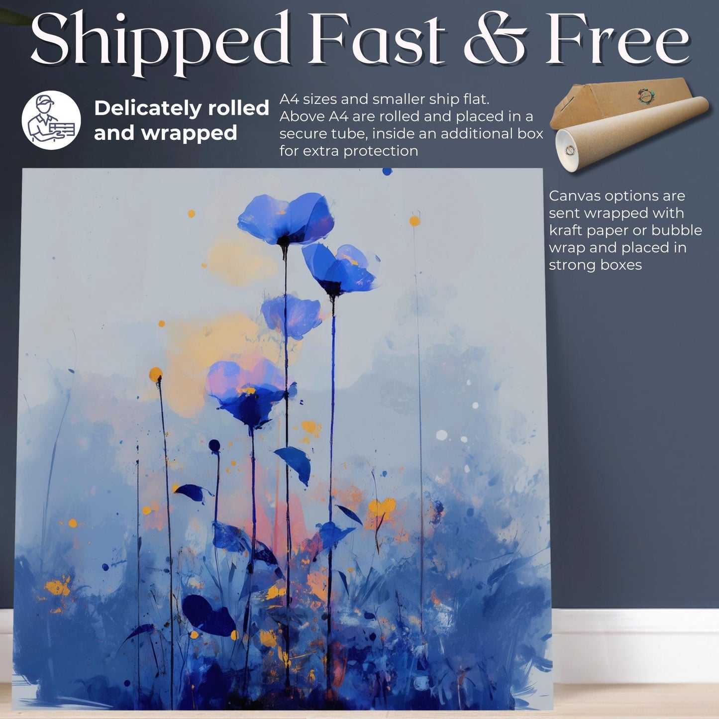 Blue Floral Painting Canvas / Unframed Print. Colorful Blue Wildflowers Abstract Flowers Picture Poster, Living Room Kitchen Wall Decor - CanvasityCrafts - Free Shipping