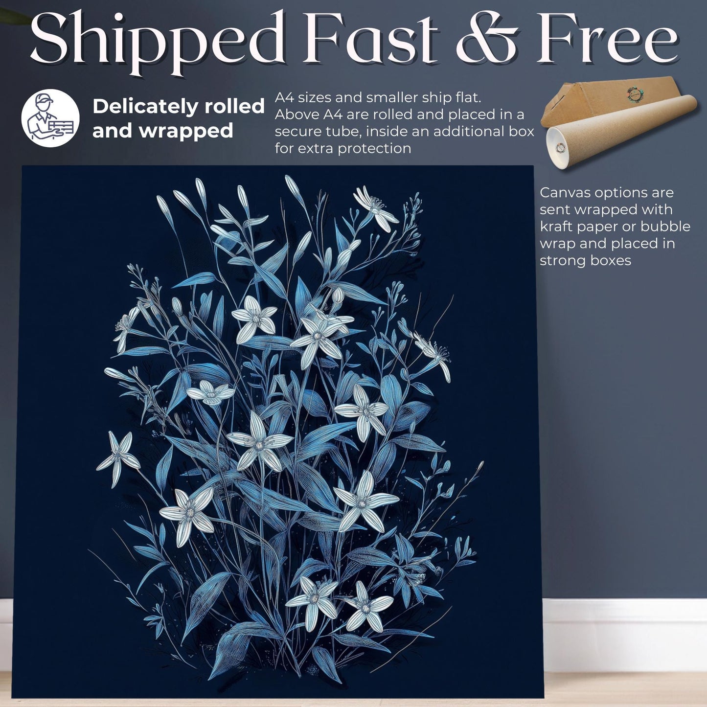Blue Bluestar Flower Canvas / Unframed Print. Amsonia Blue Star Wildflower Picture Poster, Navy Wall Decor, Glamorous Minimalist Floral Art - CanvasityCrafts - Free Shipping