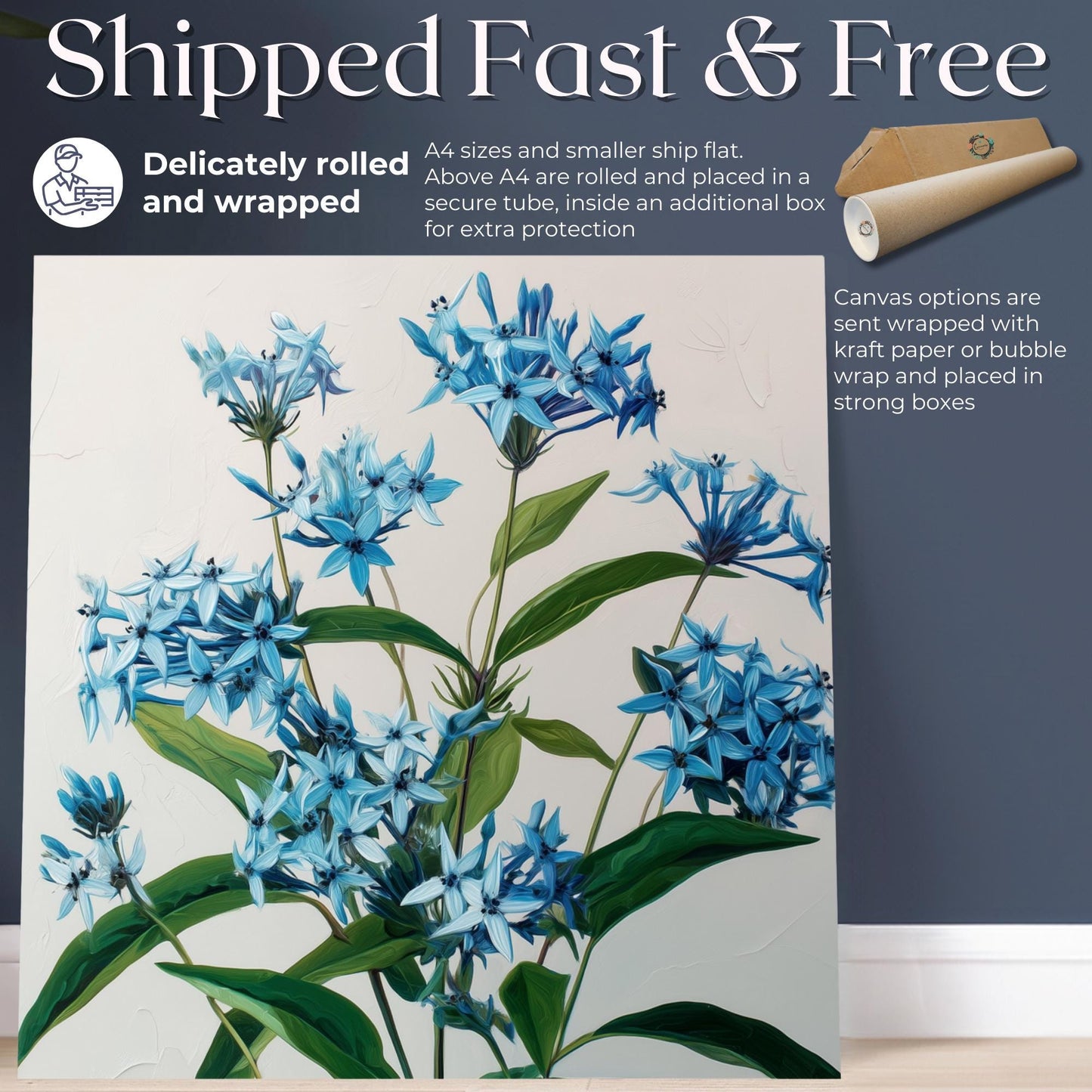 Blue Bluestar Flower Canvas / Unframed Print. Amsonia Blue Star Wildflower Picture Poster, Navy Wall Decor, Glamorous Minimalist Floral Art - CanvasityCrafts - Free Shipping