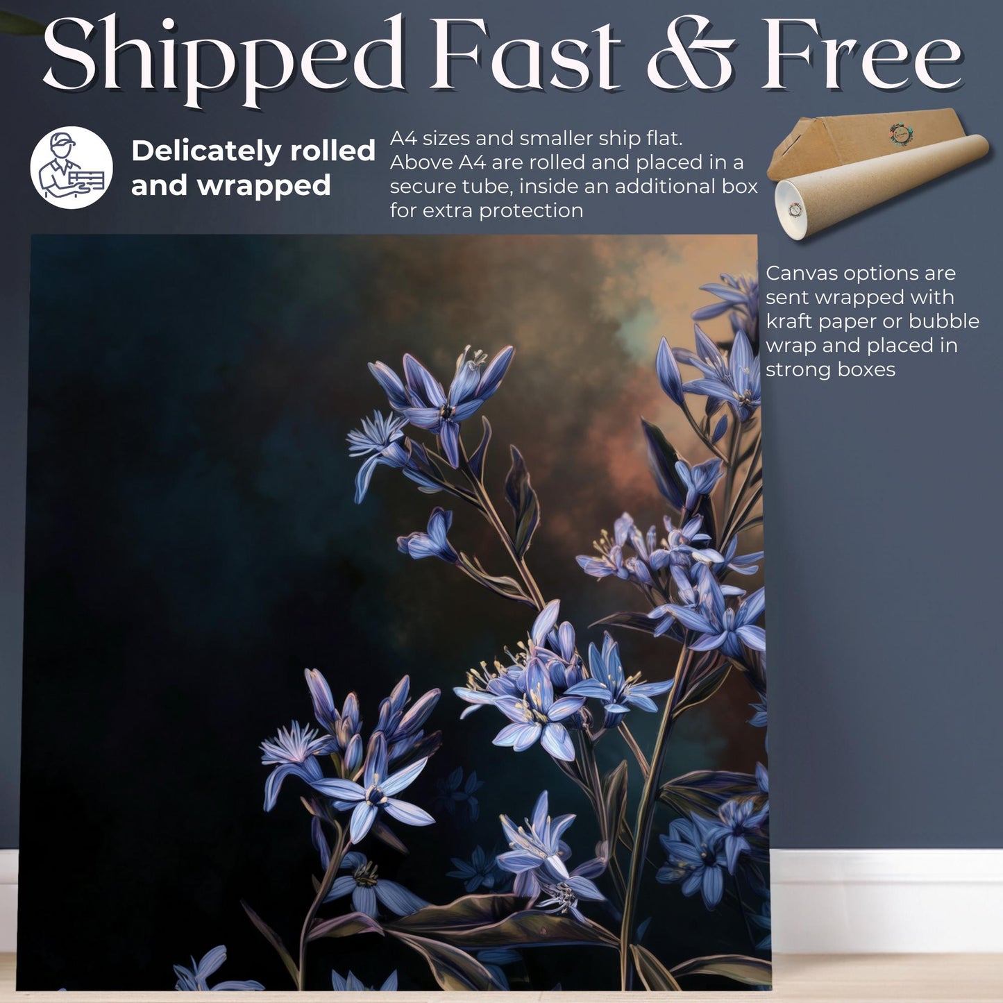 Blue Bluestar Flower Canvas / Unframed Print. Amsonia Blue Star Wildflower Picture Poster, Navy Wall Decor, Glamorous Minimalist Floral Art - CanvasityCrafts - Free Shipping