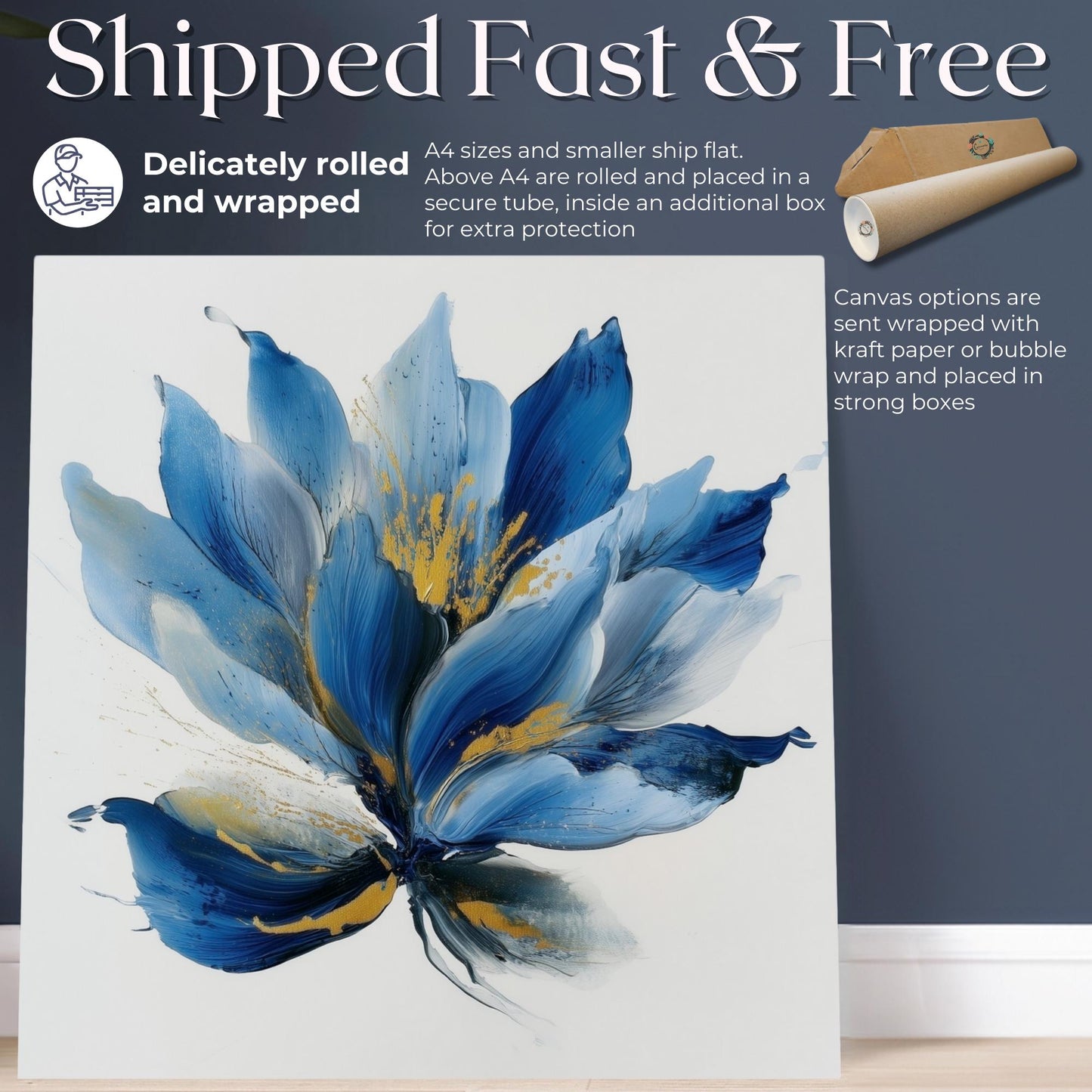 Blue Flower Art Canvas / Unframed Print. Abstract Contemporary Glamorous Art, Blue Gold Picture, Floral Wall Decor, Glamourous Art Poster - CanvasityCrafts - Free Shipping