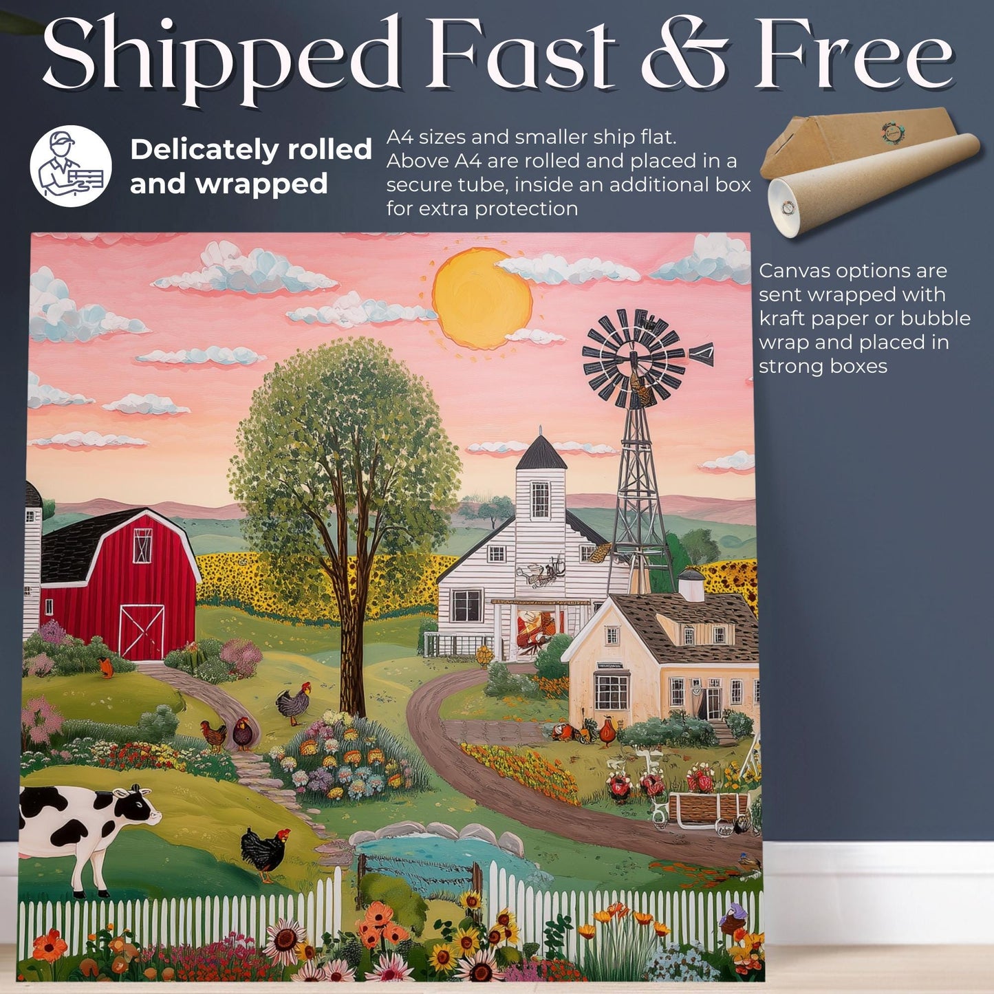 Rustic Farming Art Canvas / Unframed. Farm Landscape Art Farmyard Cow Farm Yard Print, Red Barn Farmhouse Decor Kitchen Wall Art - CanvasityCrafts - Free Shipping