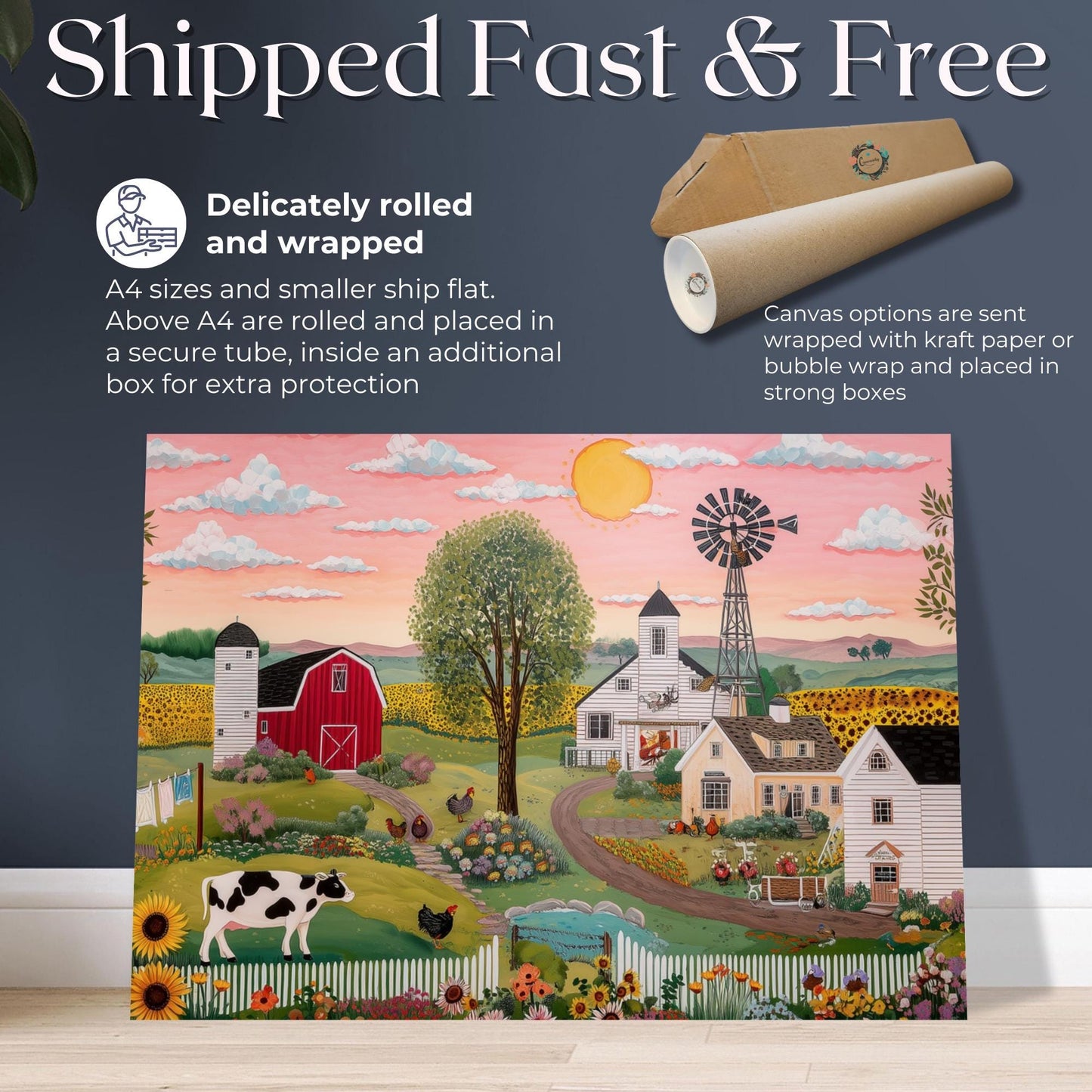 Rustic Farming Art Canvas / Unframed. Farm Landscape Farmyard Cow Farm Yard Print Red Barn Farmhouse Painting Countryside Picture Wall Decor - CanvasityCrafts - Free Shipping