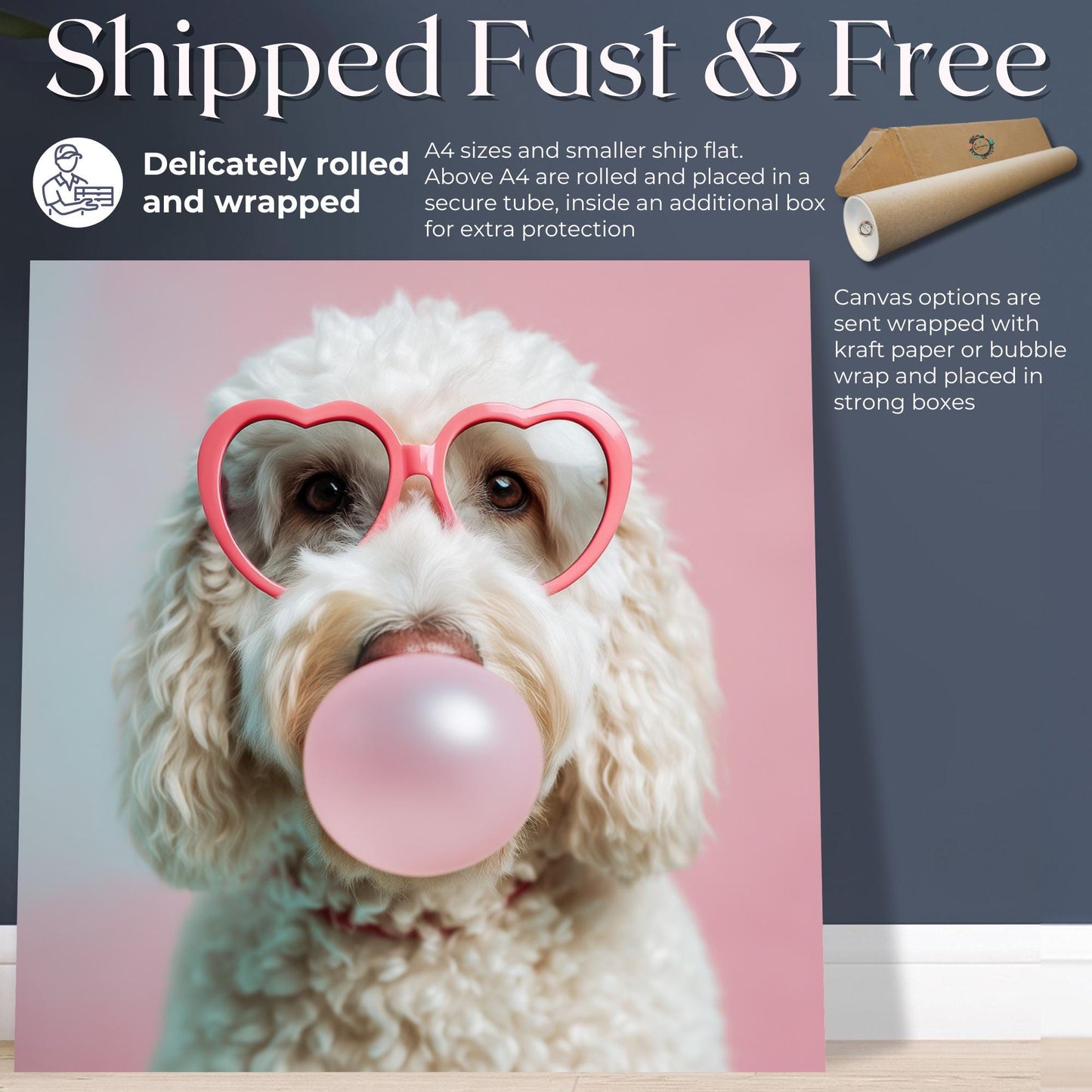 Funny Dog Print Bubble Gum Canvas / Unframed. White Goldendoodle Dog Owner Gift, Golden Doodle Trendy Art, Labradoodle Picture, Pet Portrait - CanvasityCrafts - Free Shipping