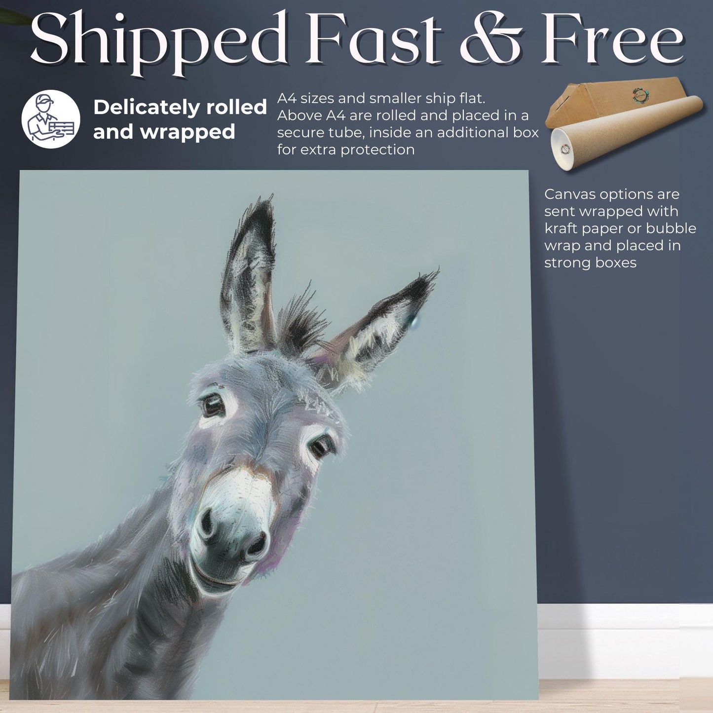 Funny Donkey Print Canvas / Unframed. Farmhouse Animal Decor, Farmer Gift, Farm Wall Art, Blue Painting Esel Poster Mule Picture - CanvasityCrafts - Free Shipping