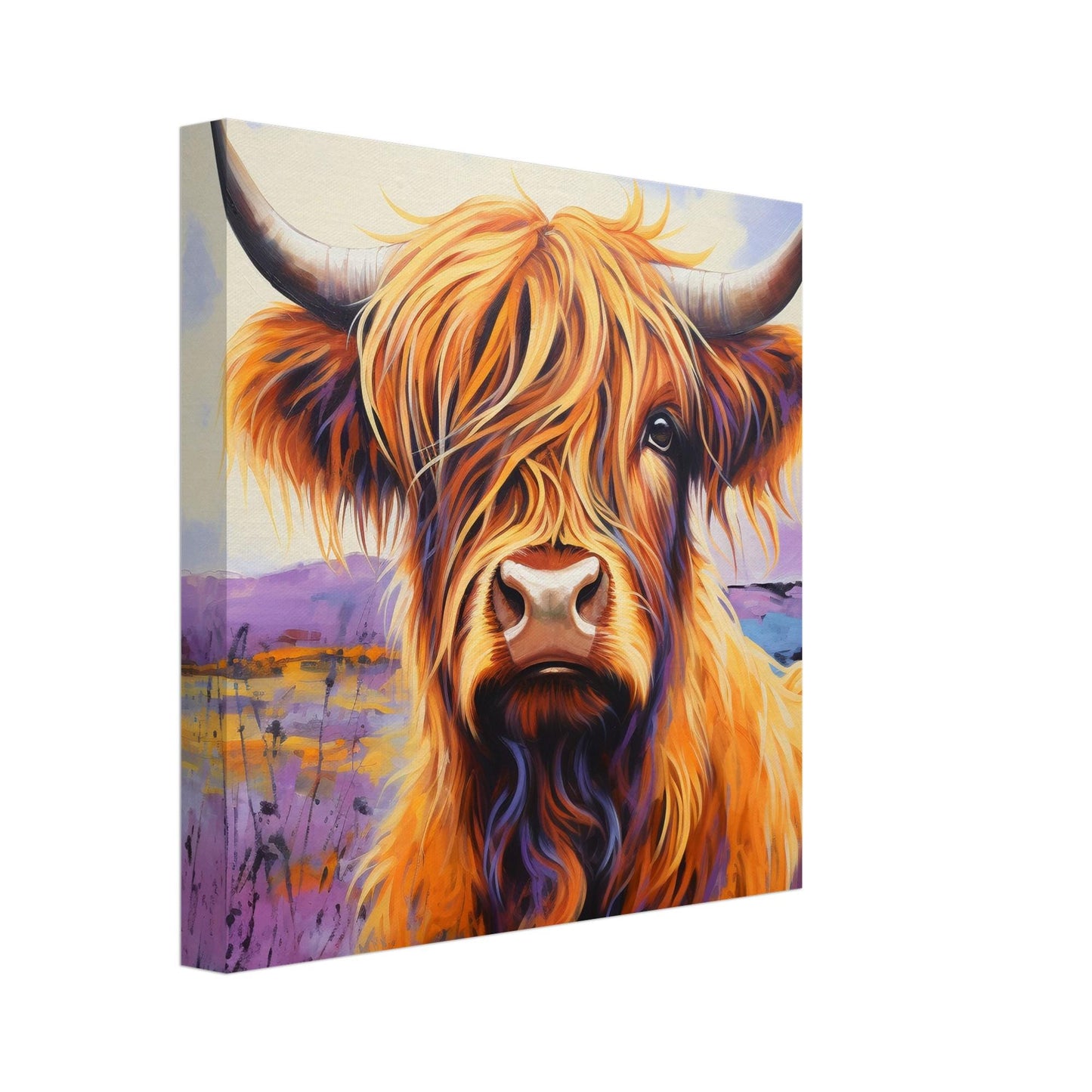 Highland Cow Canvas Print - Square. Lavender Wall Art Painting - CanvasityCrafts - Free Shipping