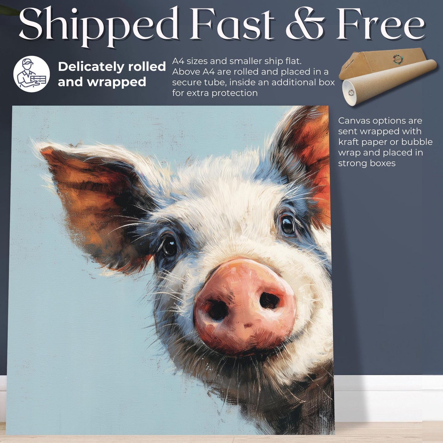 Cute Piglet Art Print Canvas / Unframed. Beautiful Blue Wall Decor, Colorful Farm Animal Wall Art Painting Farmer Gift Idea Nursery Picture - CanvasityCrafts - Free Shipping