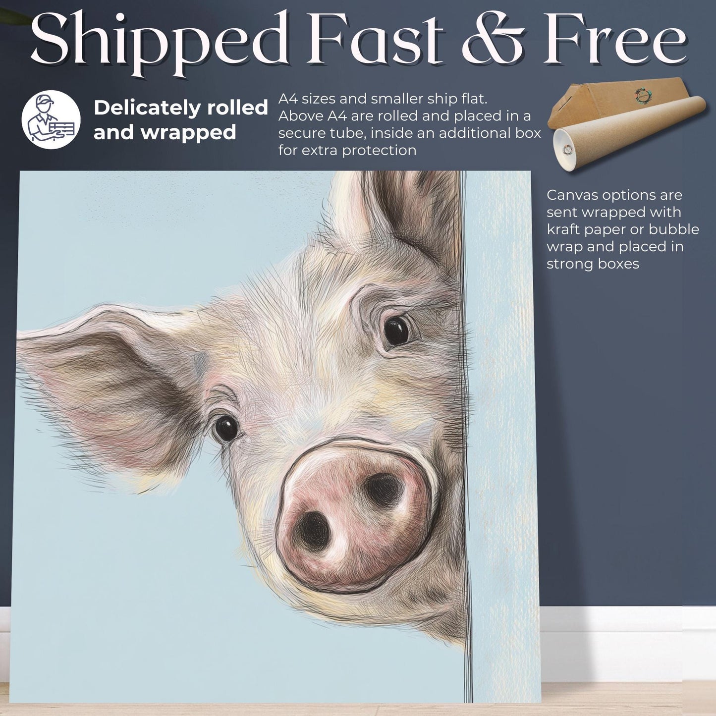 Cute Piglet Art Print Canvas / Unframed. Beautiful Blue Wall Decor, Colorful Farm Animal Pig Wall Art Painting Farmer Gift Nursery Picture - CanvasityCrafts - Free Shipping