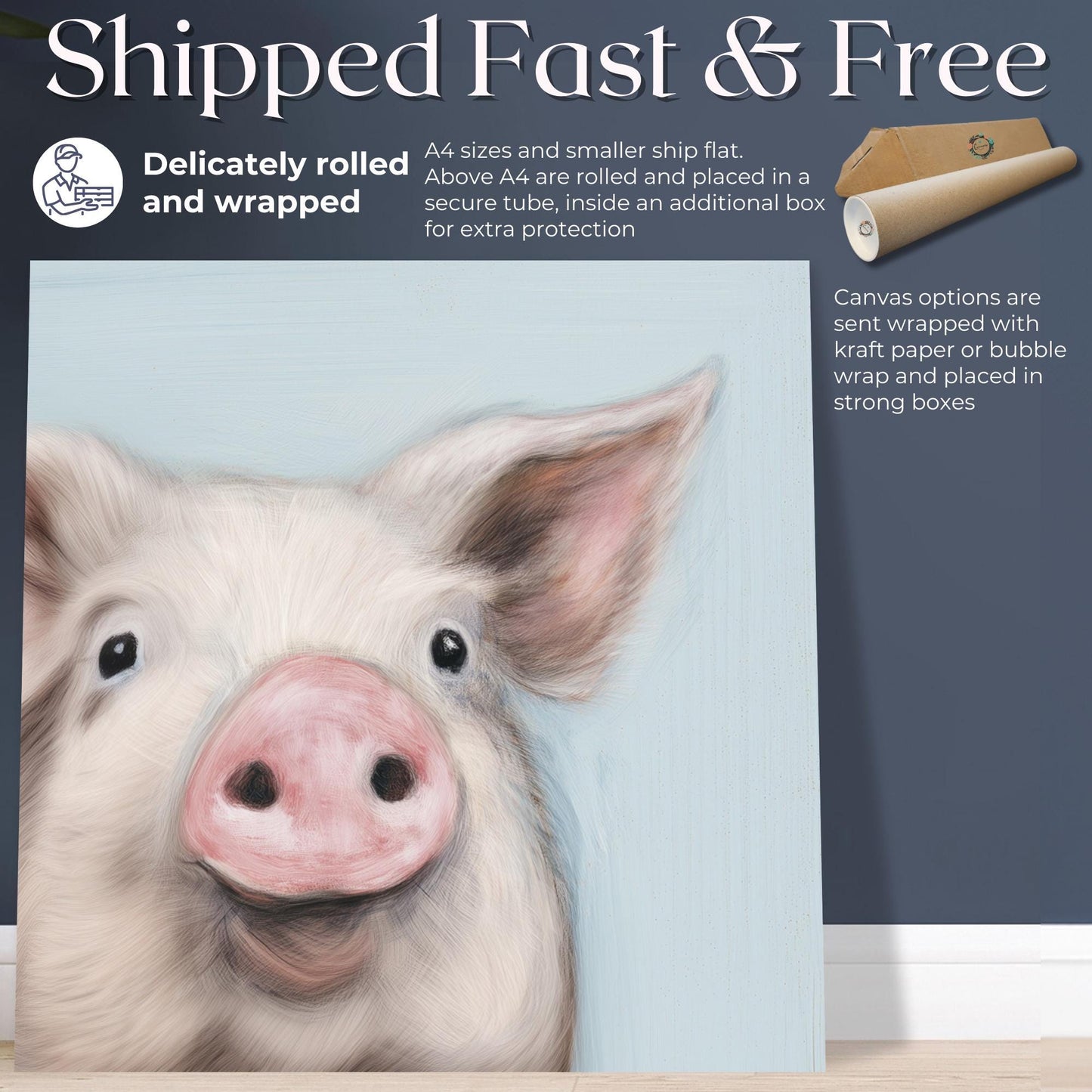 Cute Piglet Art Print Canvas / Unframed. Beautiful Blue Wall Decor, Colorful Farm Animal Pig Wall Art Painting Farmer Gift Nursery Picture - CanvasityCrafts - Free Shipping