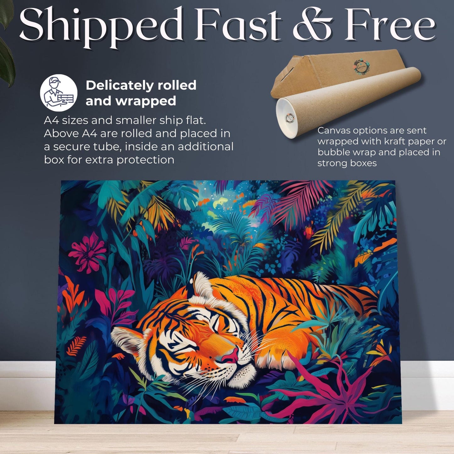 Sleeping Tiger Canvas Or Poster. Maximalist Painting Print Animal Wall Art, Large Kitchen Wall Picture, Asian Jungle Decor - CanvasityCrafts - Free Shipping