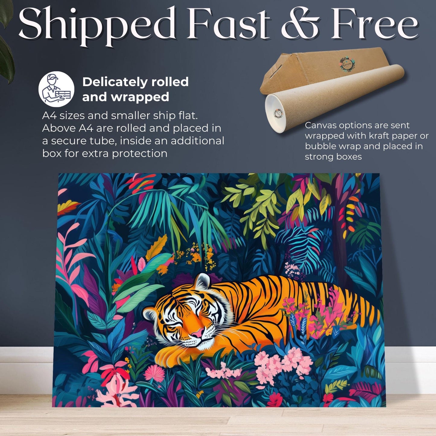Sleeping Tiger Canvas Or Poster. Maximalist Painting Print Animal Wall Art, Large Kitchen Wall Picture, Asian Jungle Decor - CanvasityCrafts - Free Shipping