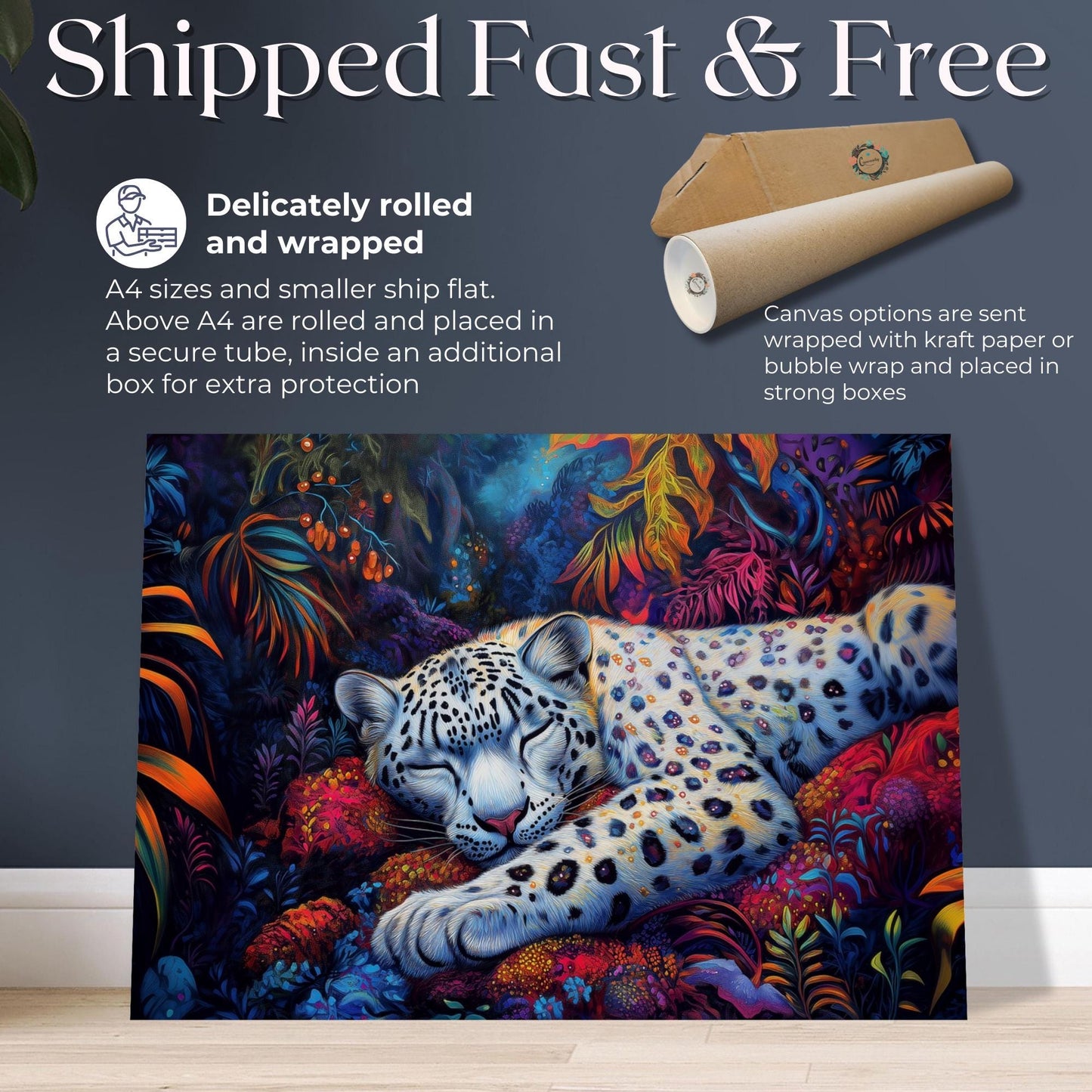 Snow Leopard Canvas Or Poster. Maximalist Painting Print Animal Wall Art, Large Kitchen Wall Picture, Colorful Asian Jungle Decor - CanvasityCrafts - Free Shipping