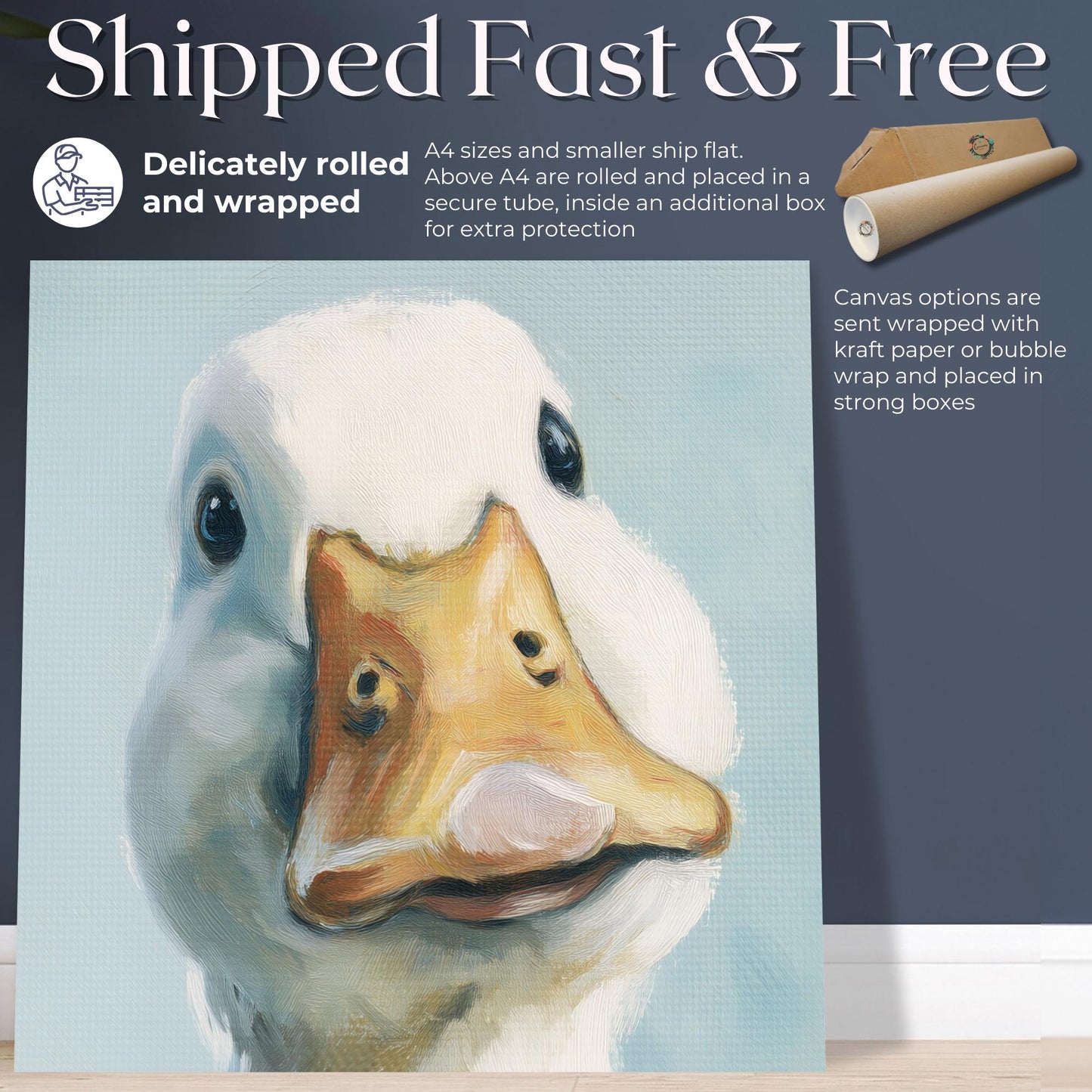 Funny Duck Print Canvas / Unframed. Curious Farm Bird Wall Art, Duck Portrait Canvas Print, Cute Duck Wall Art Blue Kitchen Nursery - CanvasityCrafts - Free Shipping