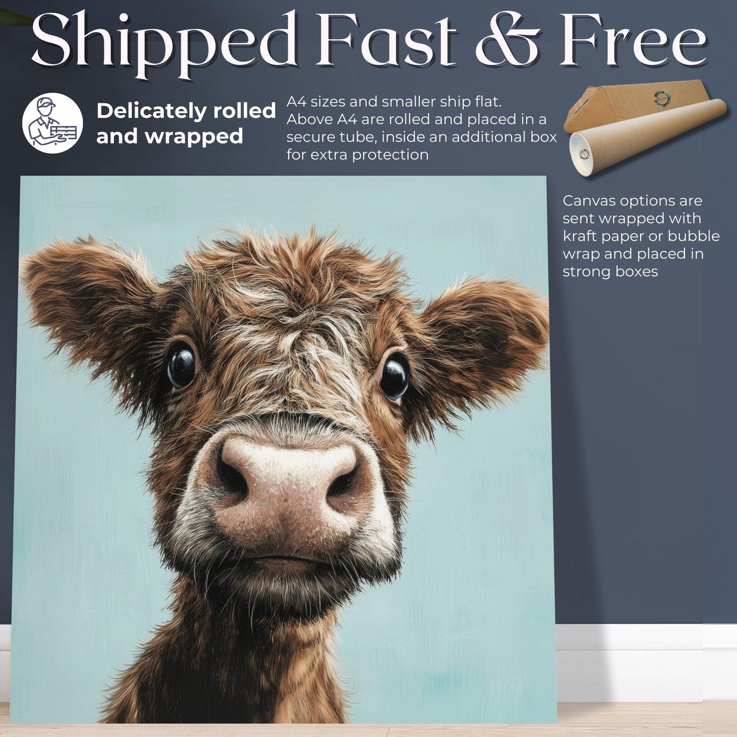 Cute Highland Cow Art Print Canvas / Unframed. Adorable Scottish Calf Wall Art, Funny Brown Farm Animal Painting Farmhouse Nursery Poster - CanvasityCrafts - Free Shipping