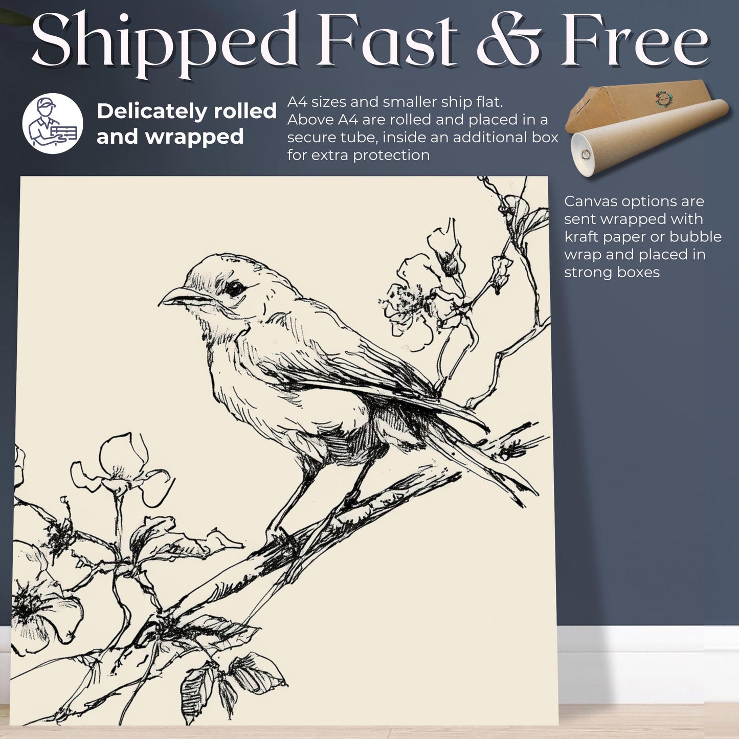 Botanical Bird Art Print Canvas / Unframed. Vintage Line Drawing, Minimalist Nature Wall Decor, Elegant Home Gift, Cottage Painting Picture - CanvasityCrafts - Free Shipping