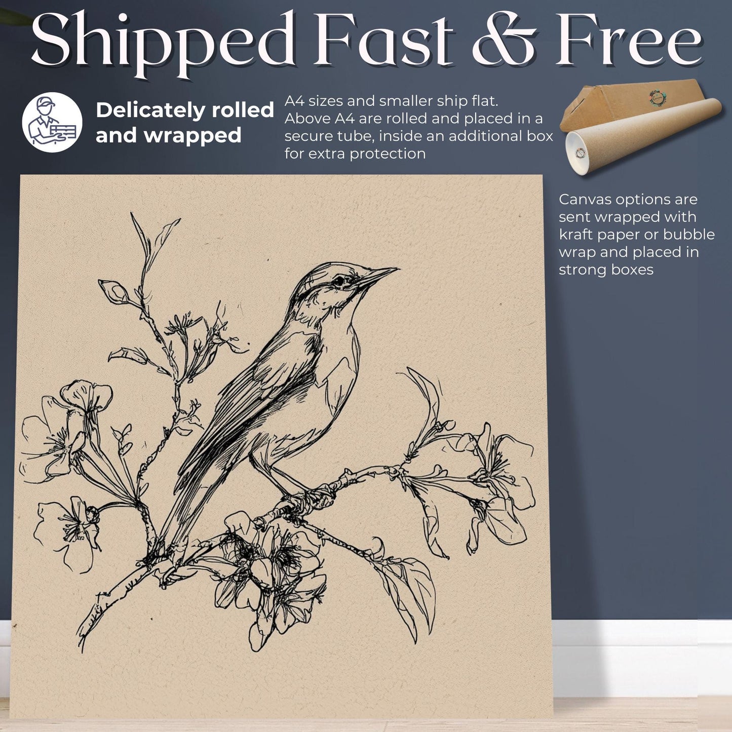 Botanical Bird Sketch Print Canvas / Unframed. Vintage Line Drawing, Minimalist Nature Wall Decor, Elegant Home Gift, Cottage Painting Art - CanvasityCrafts - Free Shipping