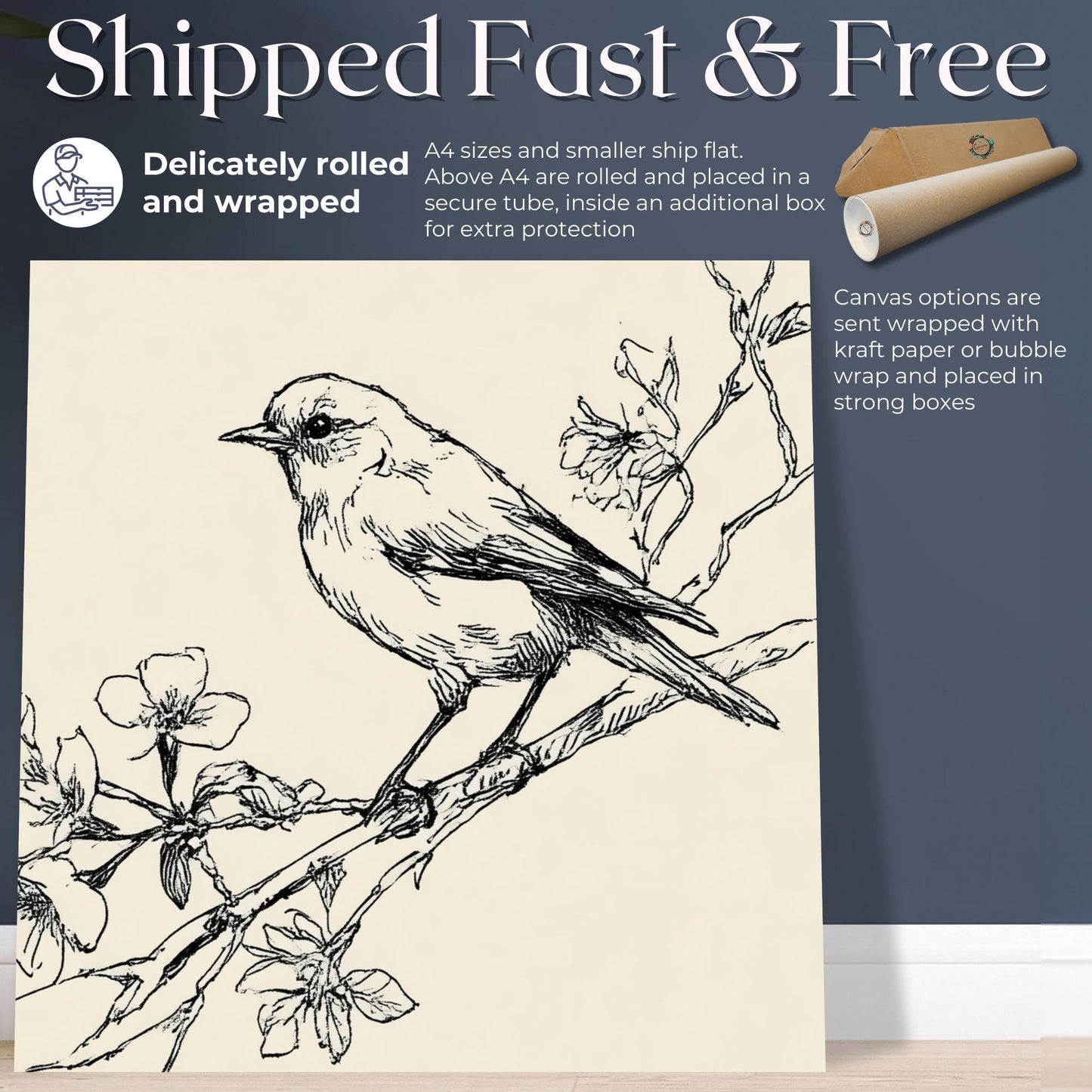 Botanical Bird Sketch Print Canvas / Unframed. Vintage Line Drawing, Minimalist Nature Wall Decor, Elegant Home Gift, Cottage Painting Art - CanvasityCrafts - Free Shipping