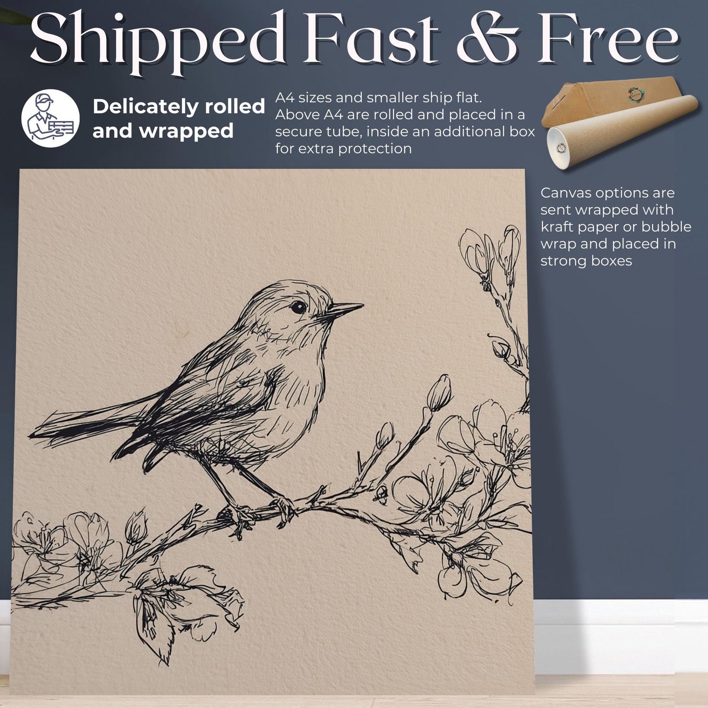 Cute Bird Sketch Print Canvas / Unframed. Vintage Line Drawing, Minimalist Nature Wall Decor, Elegant Home Gift, French Cottage Painting Art - CanvasityCrafts - Free Shipping