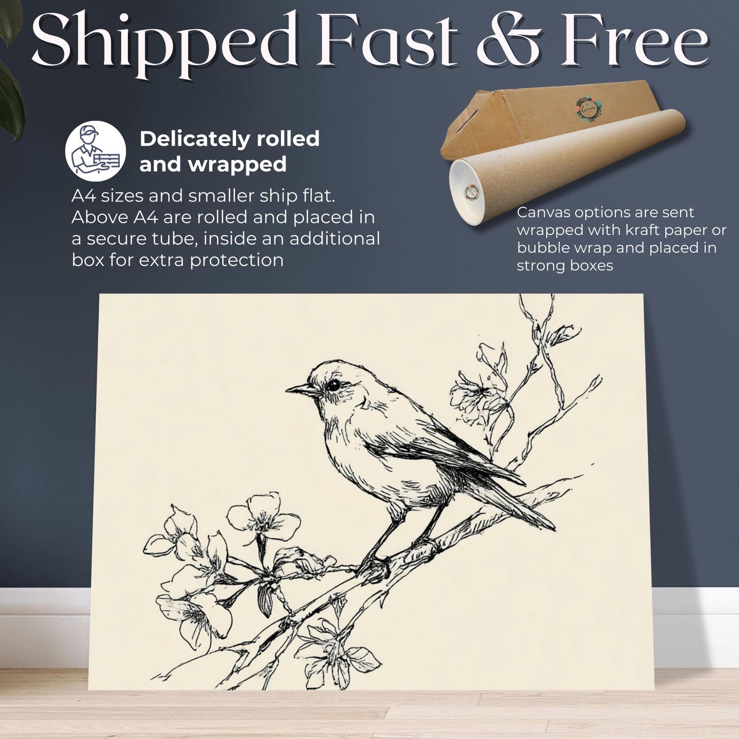 Botanical Bird Sketch Print Canvas / Unframed. Vintage Line Drawing, Minimalist Nature Wall Decor, Elegant Home Gift, Cottage Painting - CanvasityCrafts - Free Shipping