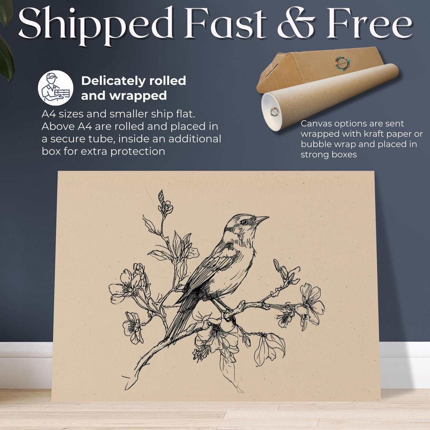 Botanical Bird Sketch Print Canvas / Unframed. Vintage Line Drawing, Minimalist Nature Wall Decor, Elegant Home Gift, Cottage Painting - CanvasityCrafts - Free Shipping