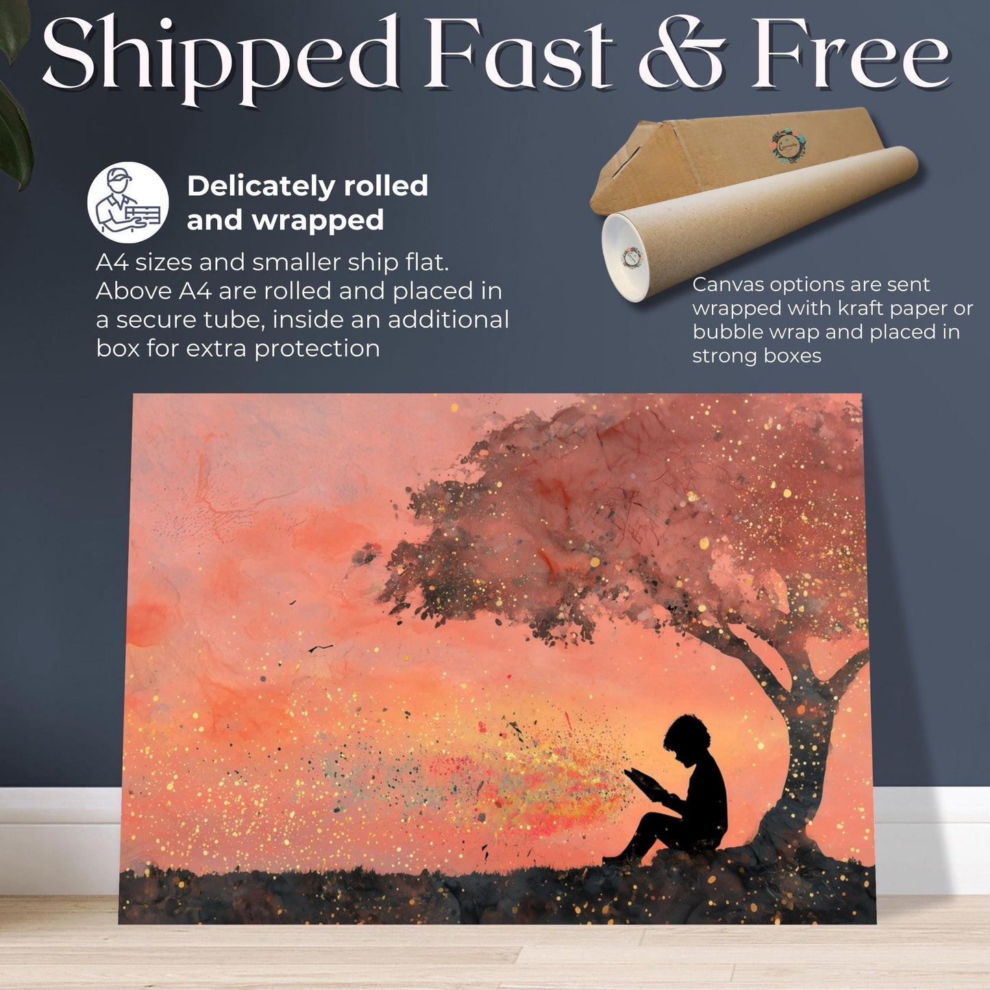 Reading Under A Tree Canvas Or Unframed Print. Magical Childhood Memories Nostalgic Watercolor Painting Peach Gold Wall Art, Nursery Picture - CanvasityCrafts - Free Shipping