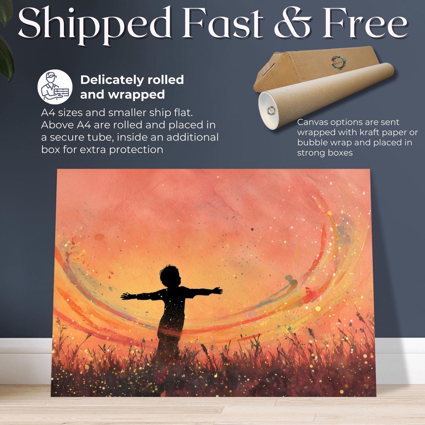 Child in Field Canvas Or Unframed Print. Magical Childhood Keepsake Memories Watercolor Painting Peach Gold Wall Art, Large Nursery Picture - CanvasityCrafts - Free Shipping