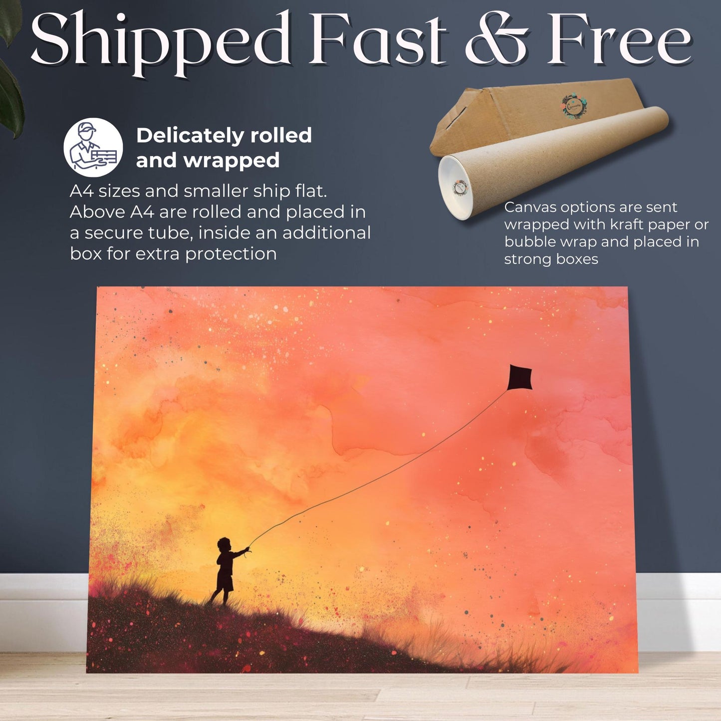 Child Flying a Kite Canvas Or Unframed Print. Magical Childhood Keepsake Memories Watercolor Painting Peach Gold Wall Art, Nursery Picture - CanvasityCrafts - Free Shipping