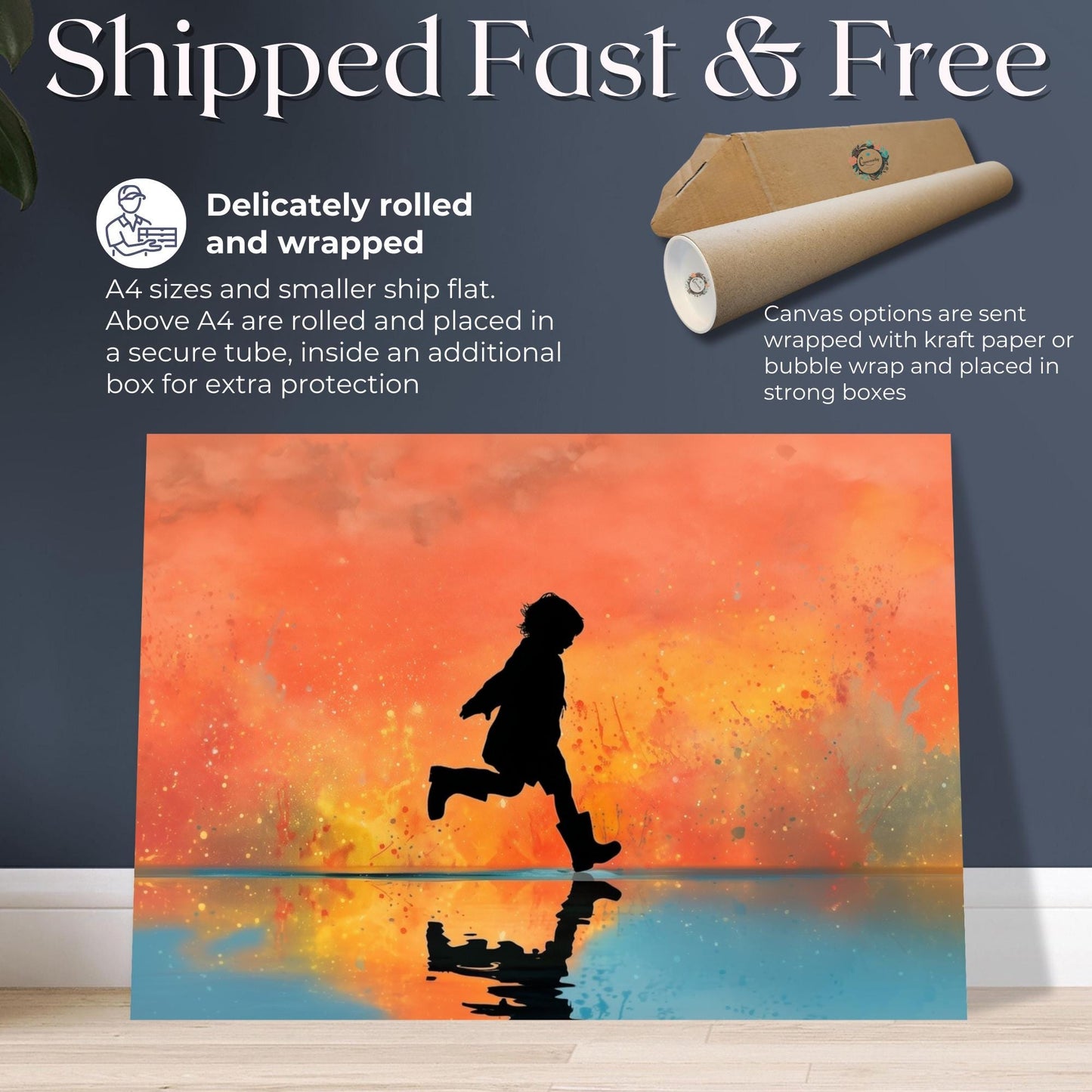 Splashing in Puddles Canvas Or Unframed Print. Magical Childhood Keepsake Memories Watercolor Painting Peach Gold Wall Art, Nursery Picture - CanvasityCrafts - Free Shipping