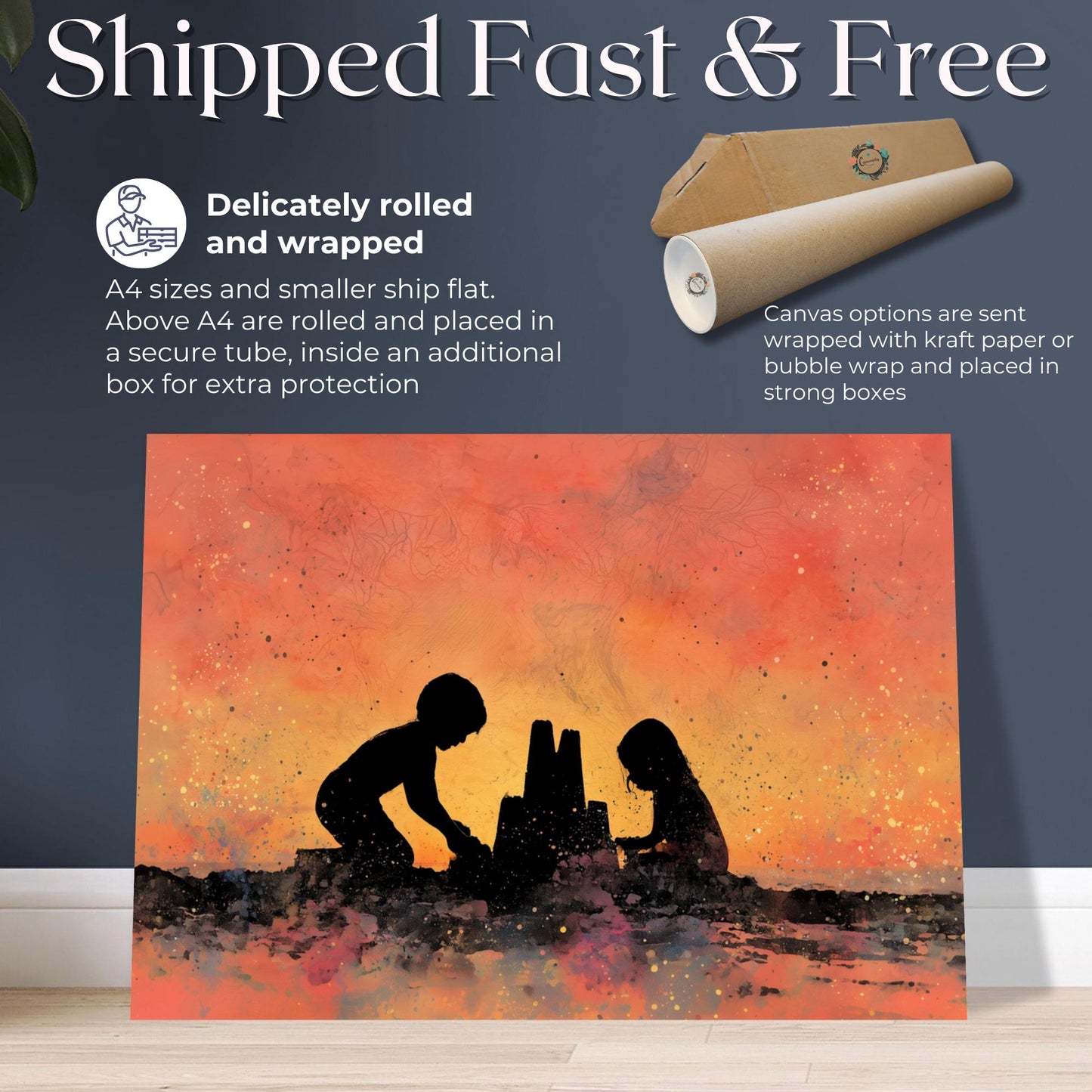 Sandcastles On The Beach Canvas / Unframed Print. Magical Childhood Keepsake Memories Watercolor Painting Peach Gold Wall Art Large Picture - CanvasityCrafts - Free Shipping