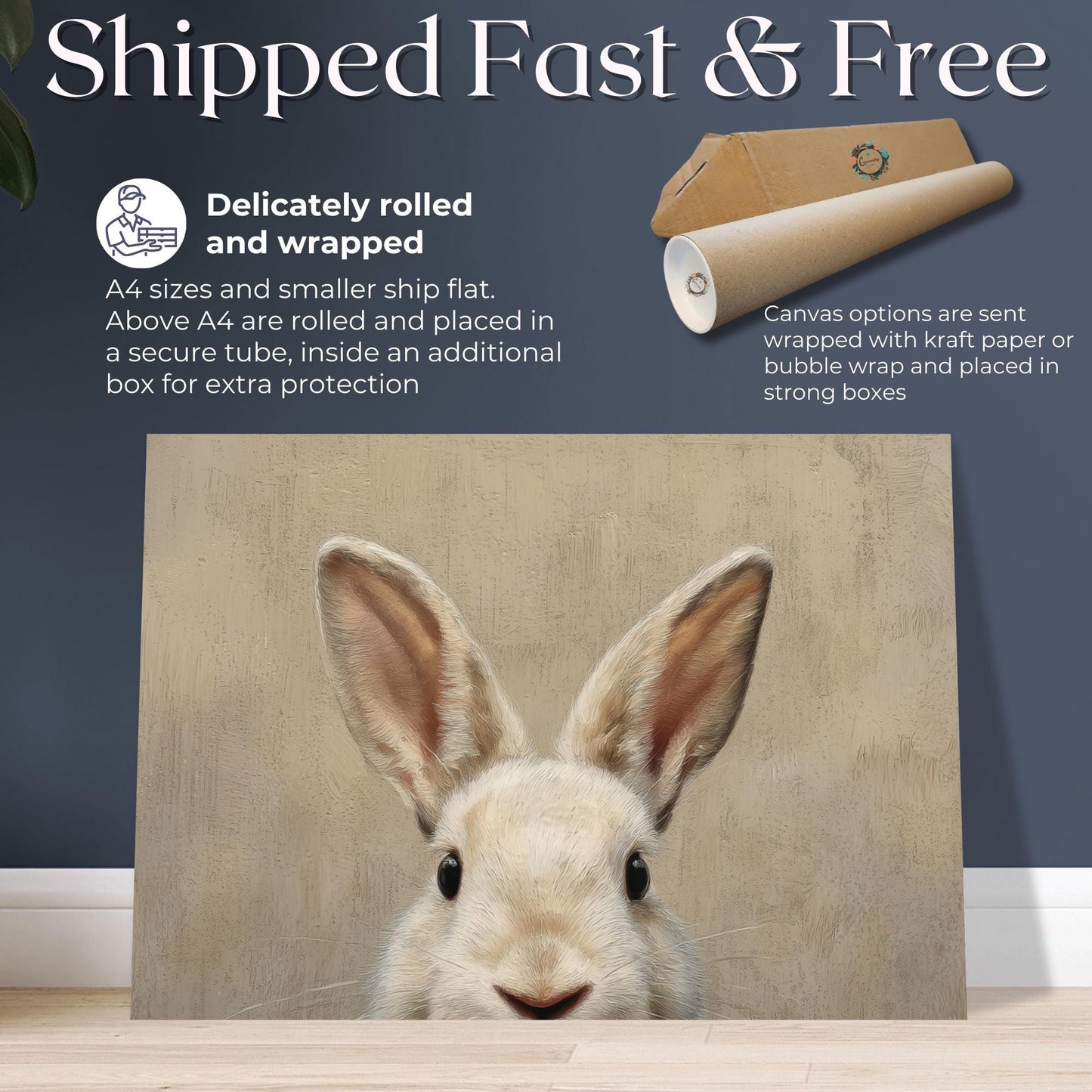 Rabbit Art Print Canvas / Unframed. Adorable Bunny Wall Decor, Neutral Rustic Farmhouse Animal Portrait Nursery Artwork Easter Picture - CanvasityCrafts - Free Shipping