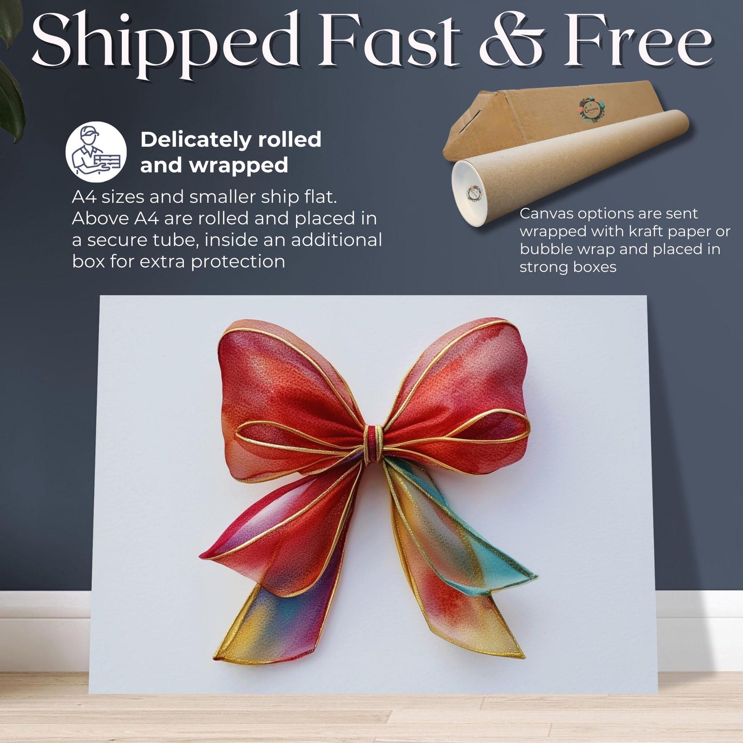 Coquette Wall Art Canvas / Unframed. Rainbow Bow Painting Colorful Poster Luxury Stylish Home Decor Gold Accent Ombre Joyful Picture Print - CanvasityCrafts - Free Shipping