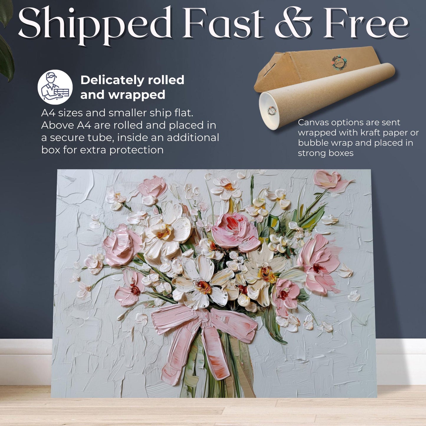 Coquette Flowers Canvas / Unframed Print. Impasto Wildflowers Pink Bow Wall Art Daisy Wild Flower Bouquet Painting Poster Picture Gift - CanvasityCrafts - Free Shipping