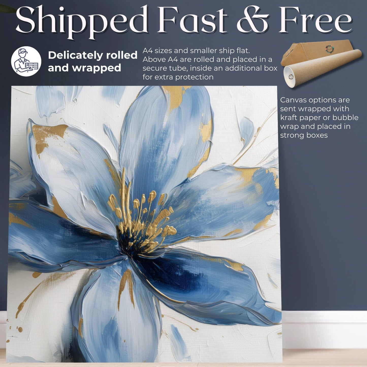 Blue Flower Art Canvas / Unframed Print. Abstract Contemporary Glamorous Art, Blue Gold Picture, Floral Wall Decor, Glamourous Art Poster - CanvasityCrafts - Free Shipping