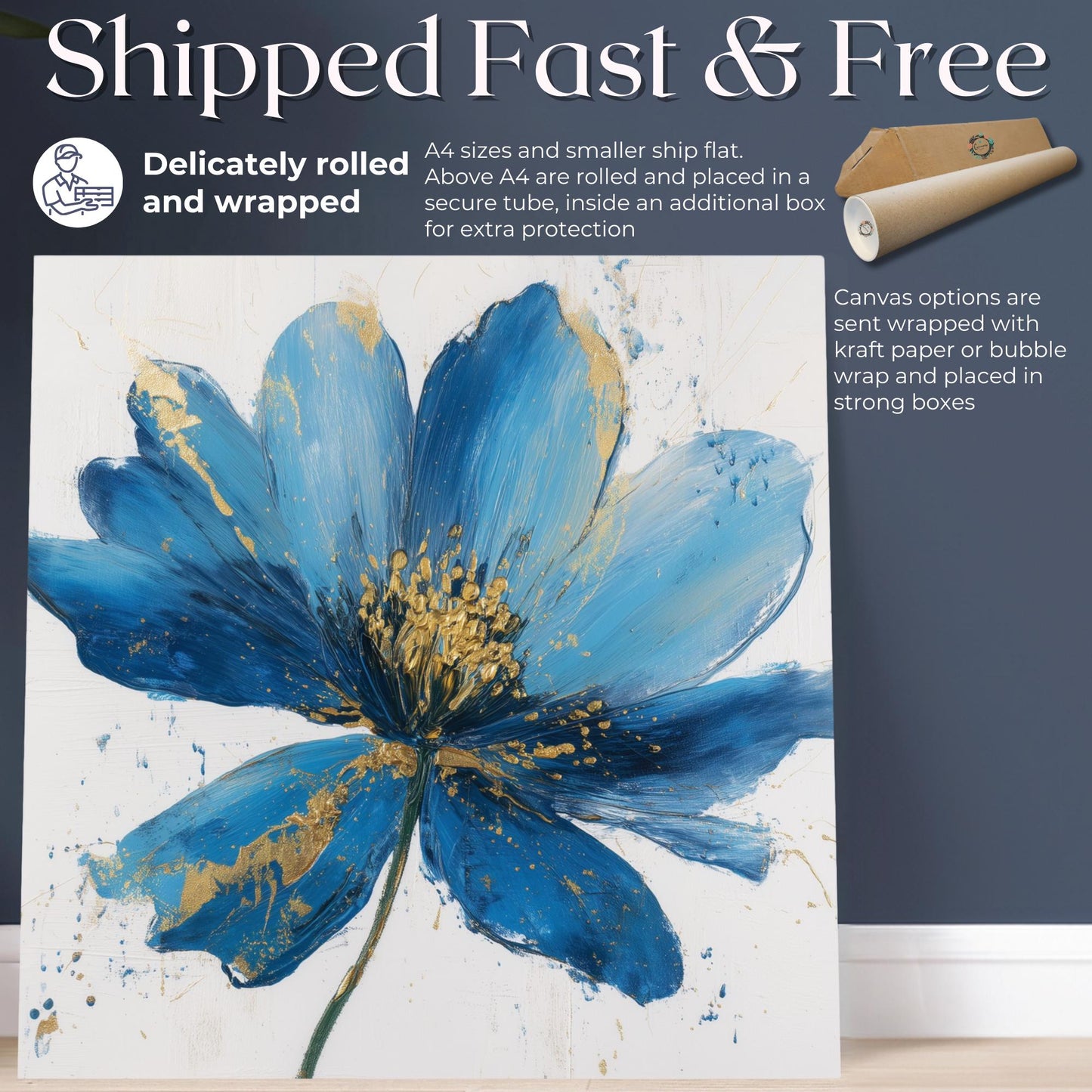 Blue Flower Art Canvas / Unframed Print. Abstract Contemporary Glamorous Art, Blue Gold Picture, Floral Wall Decor, Glamourous Art Poster - CanvasityCrafts - Free Shipping