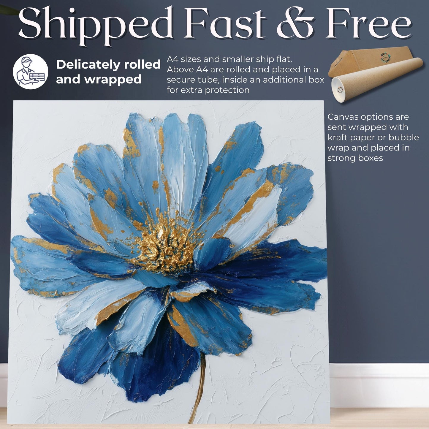 Blue Flower Art Canvas / Unframed Print. Abstract Contemporary Glamorous Art, Blue Gold Picture, Floral Wall Decor, Glamourous Art Poster - CanvasityCrafts - Free Shipping